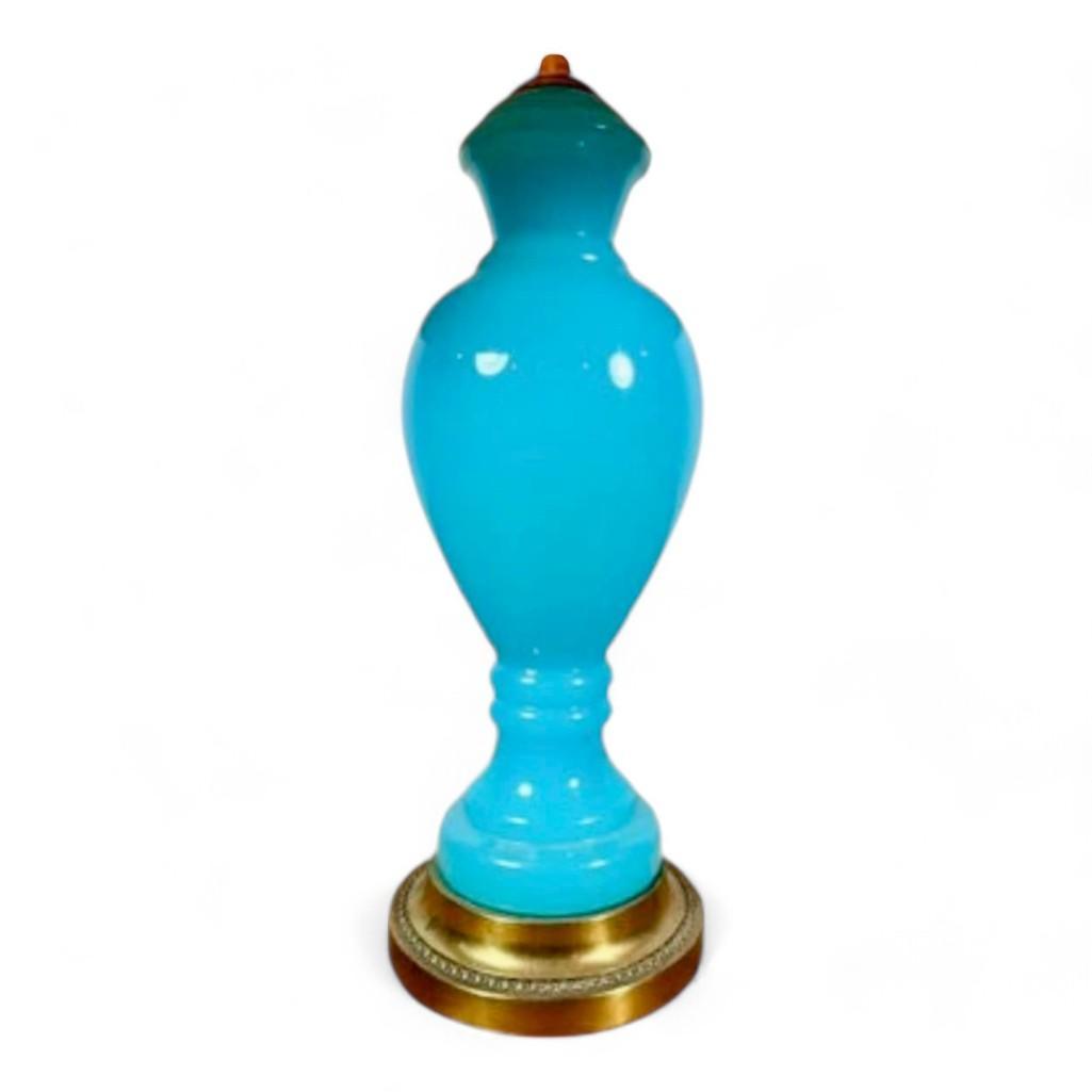 Vintage French Blue Opaline Glass Table Lamp, Brass Base