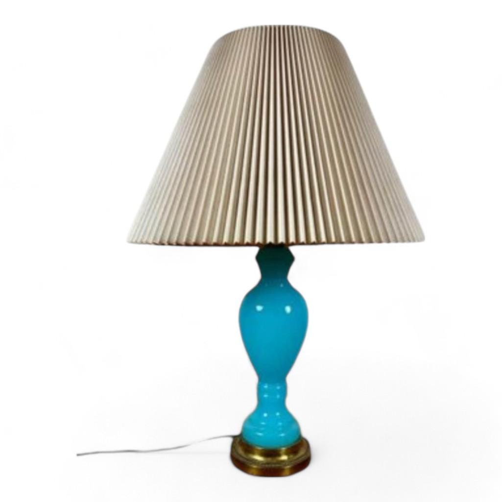 Vintage French Blue Opaline Glass Table Lamp, Brass Base