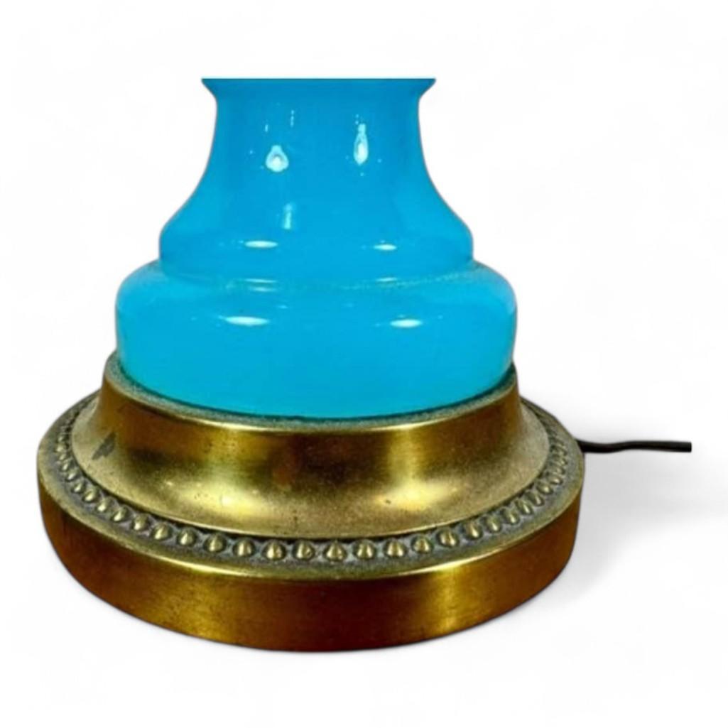 Vintage French Blue Opaline Glass Table Lamp, Brass Base