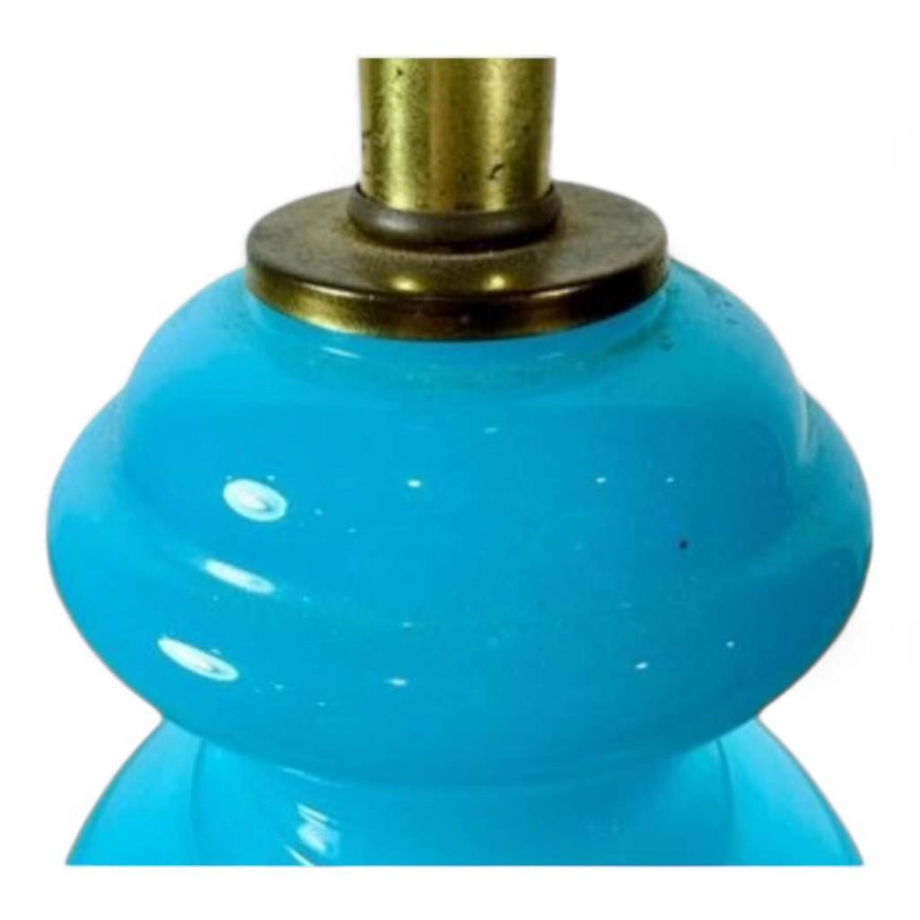 Vintage French Blue Opaline Glass Table Lamp, Brass Base