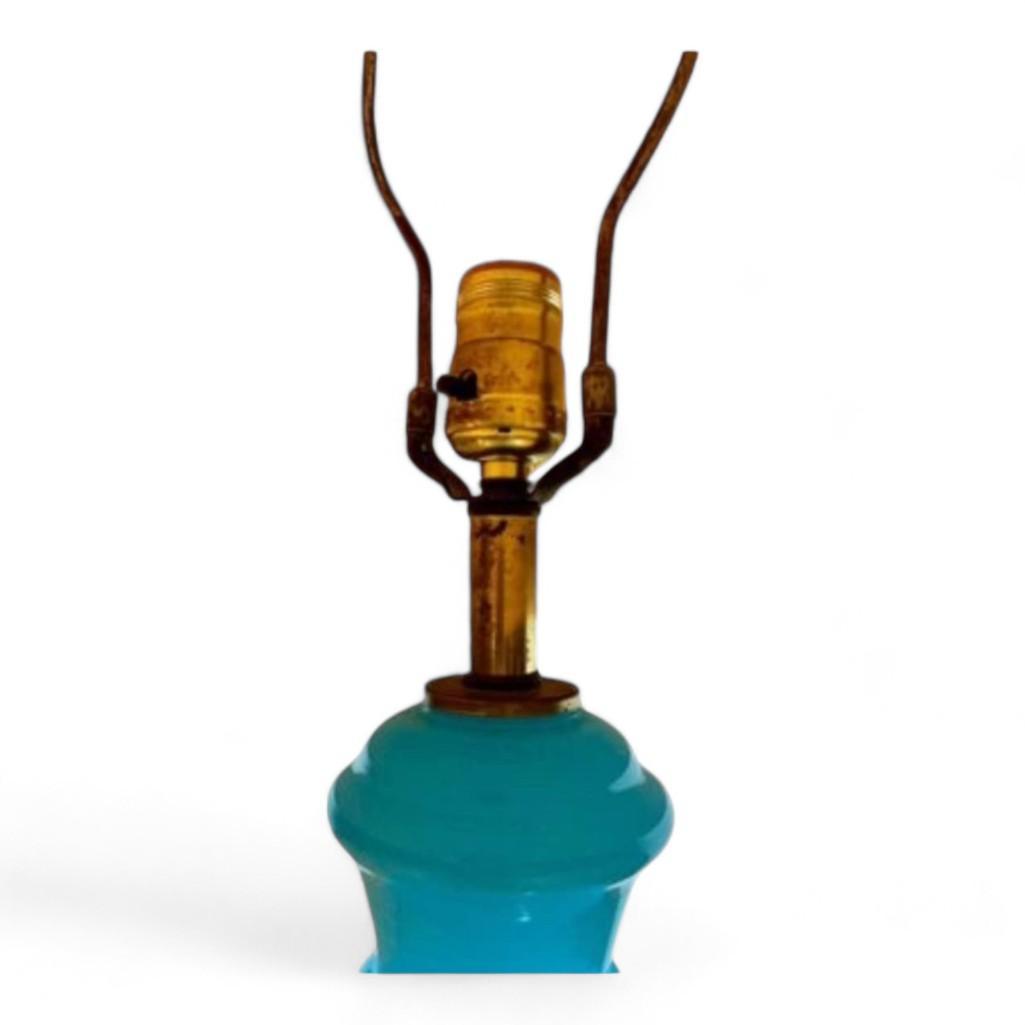Vintage French Blue Opaline Glass Table Lamp, Brass Base