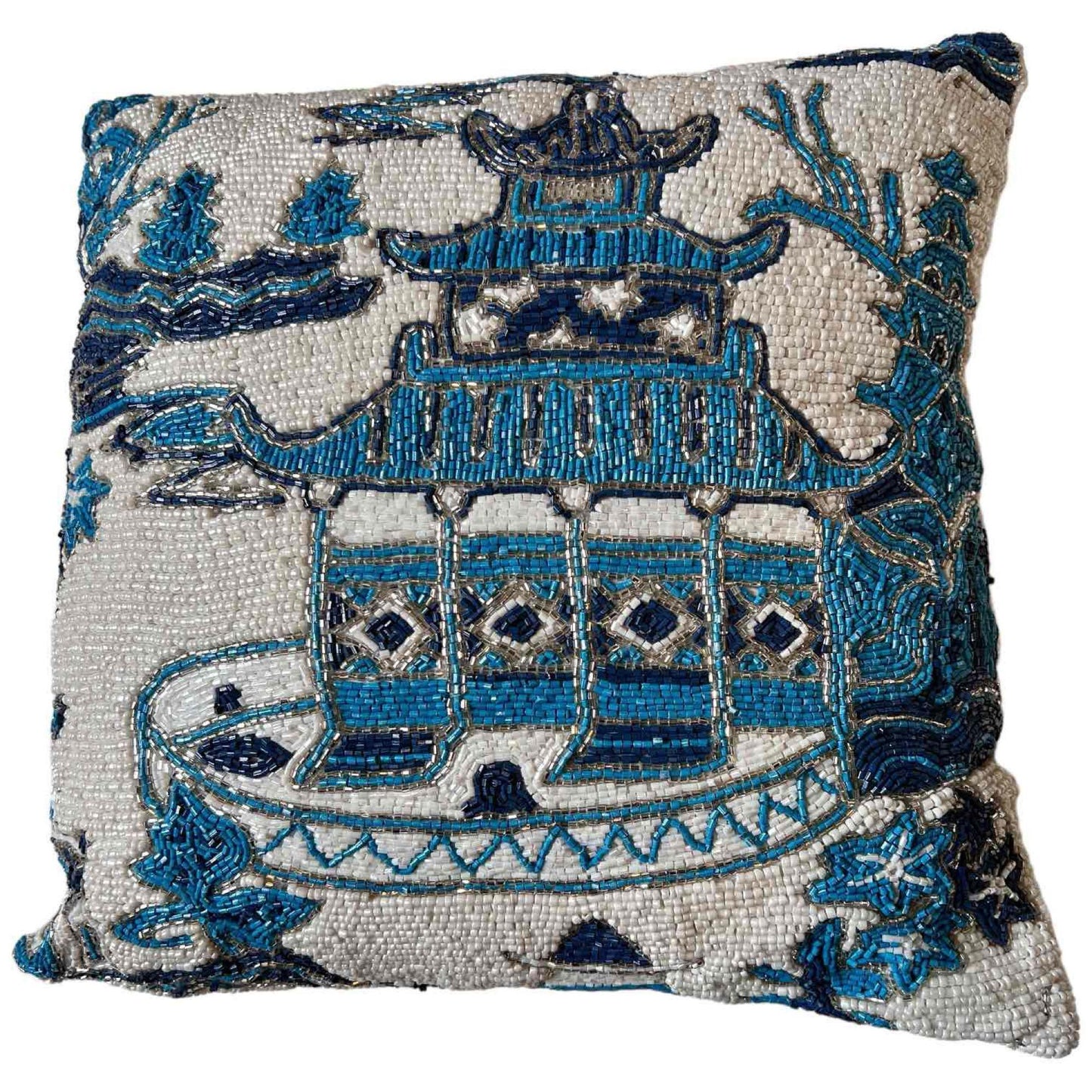 Chic Pagoda Chinoiserie Motif Beaded Decorative Accent Throw Pillow