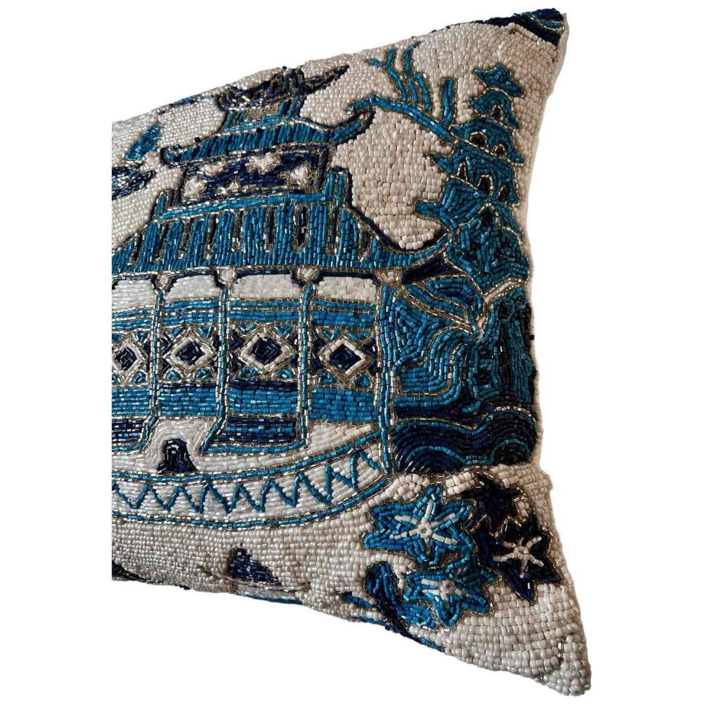 Chic Pagoda Chinoiserie Motif Beaded Decorative Accent Throw Pillow