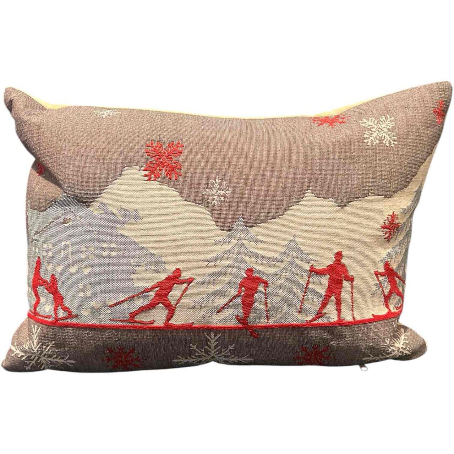 Luxury French Tapestry Lumbar Pillow by Rolande Du Dreuilh French Designer - Nude Color Skiing Motif, Christmas Decor Pillow