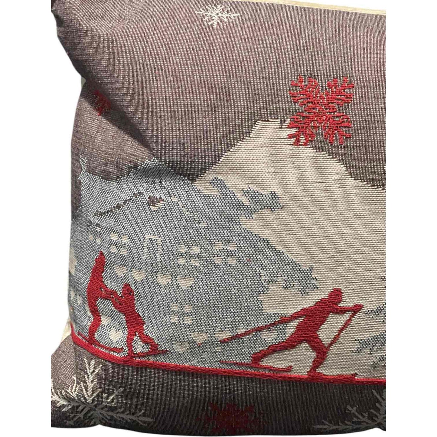 Luxury French Tapestry Lumbar Pillow by Rolande Du Dreuilh French Designer - Nude Color Skiing Motif, Christmas Decor Pillow