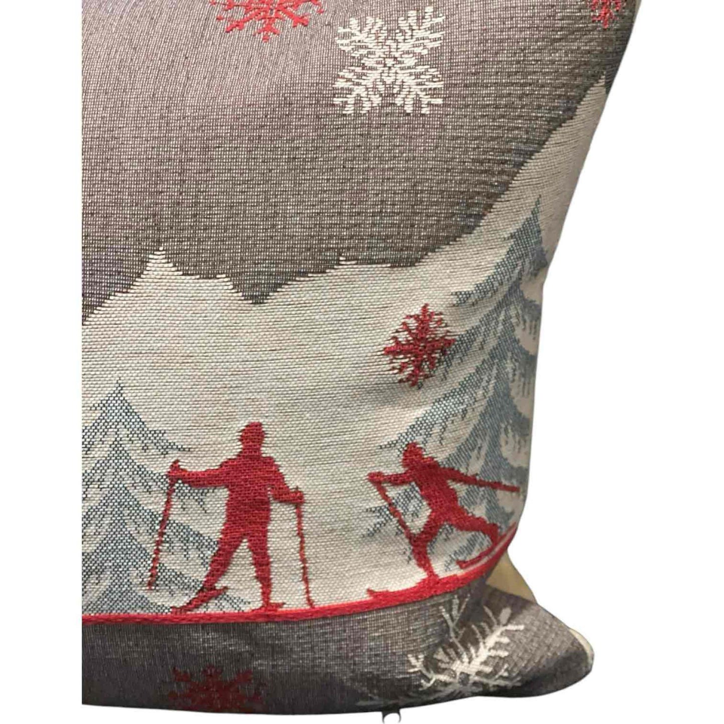 Luxury French Tapestry Lumbar Pillow by Rolande Du Dreuilh French Designer - Nude Color Skiing Motif, Christmas Decor Pillow