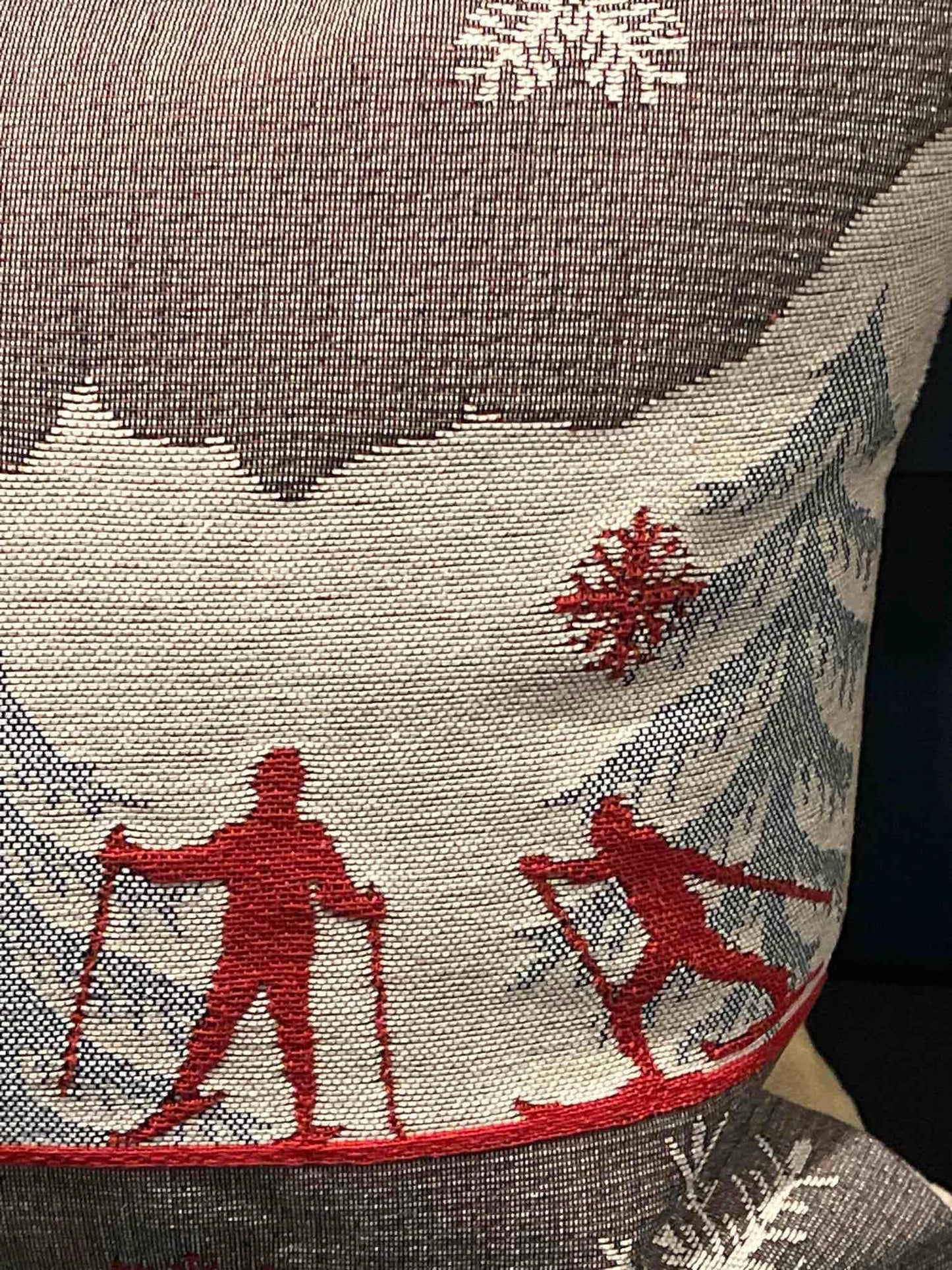 Luxury French Tapestry Lumbar Pillow by Rolande Du Dreuilh French Designer - Nude Color Skiing Motif, Christmas Decor Pillow