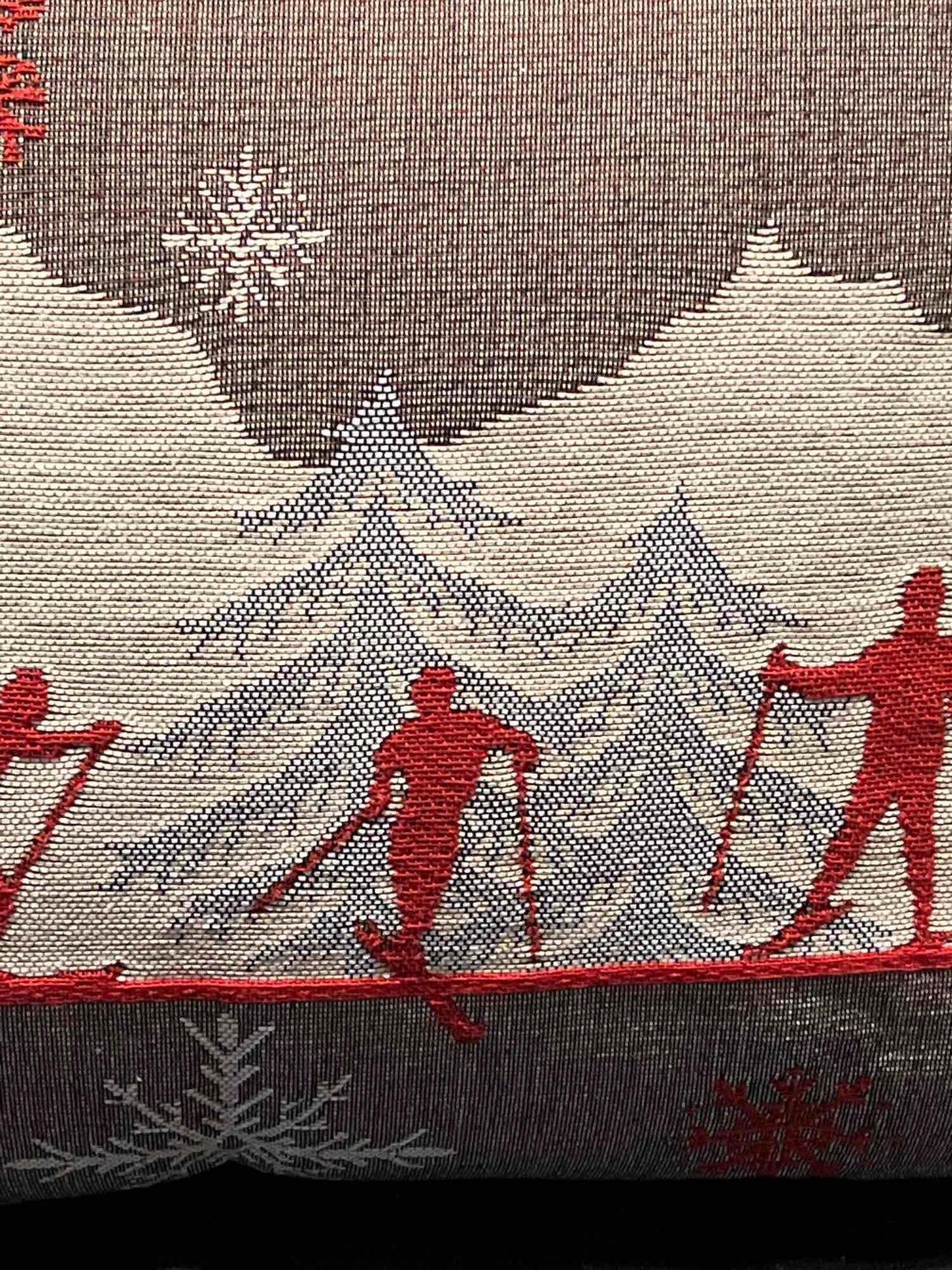 Luxury French Tapestry Lumbar Pillow by Rolande Du Dreuilh French Designer - Nude Color Skiing Motif, Christmas Decor Pillow