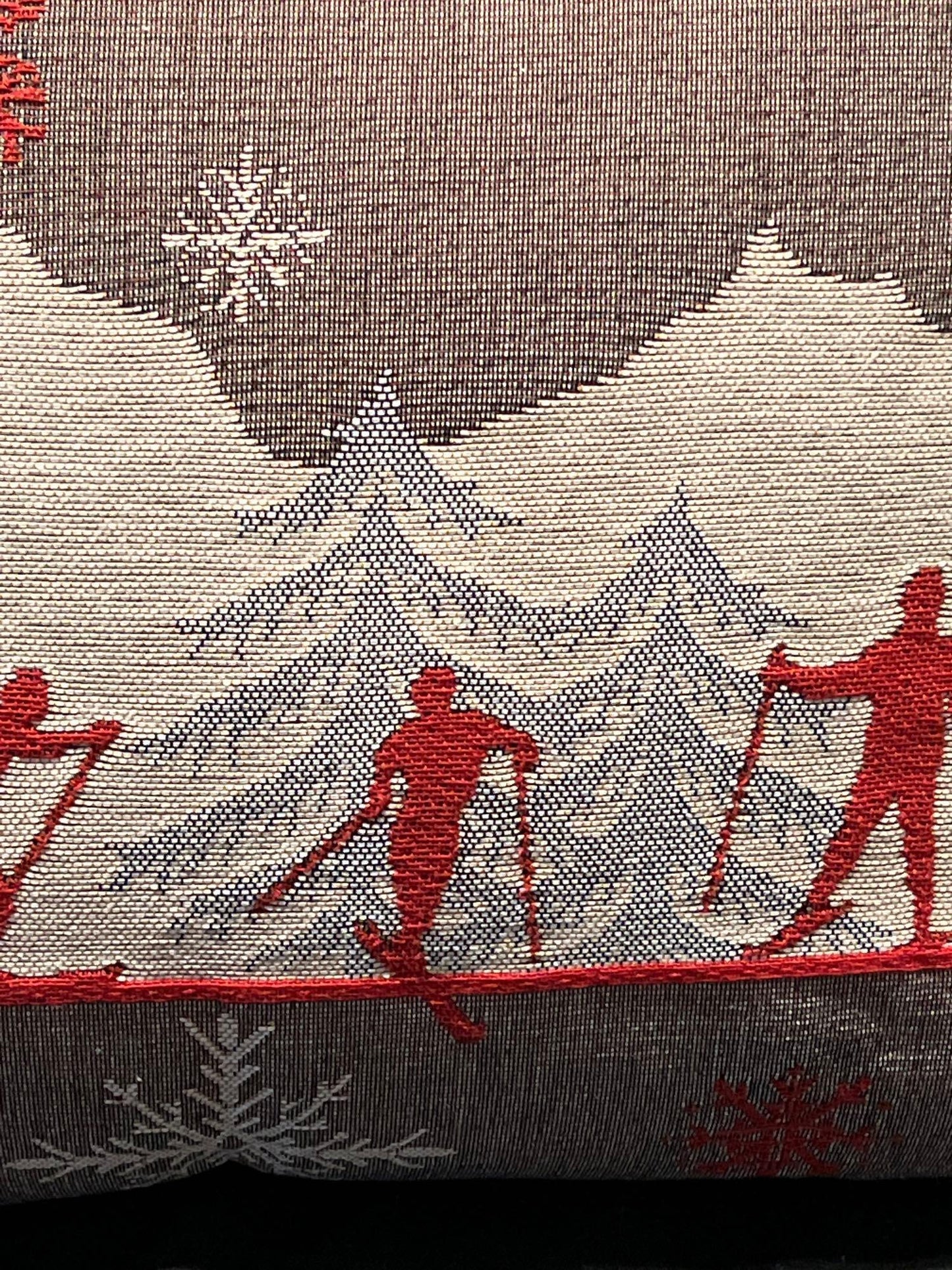 Luxury French Tapestry Lumbar Pillow by Rolande Du Dreuilh French Designer - Nude Color Skiing Motif, Christmas Decor Pillow
