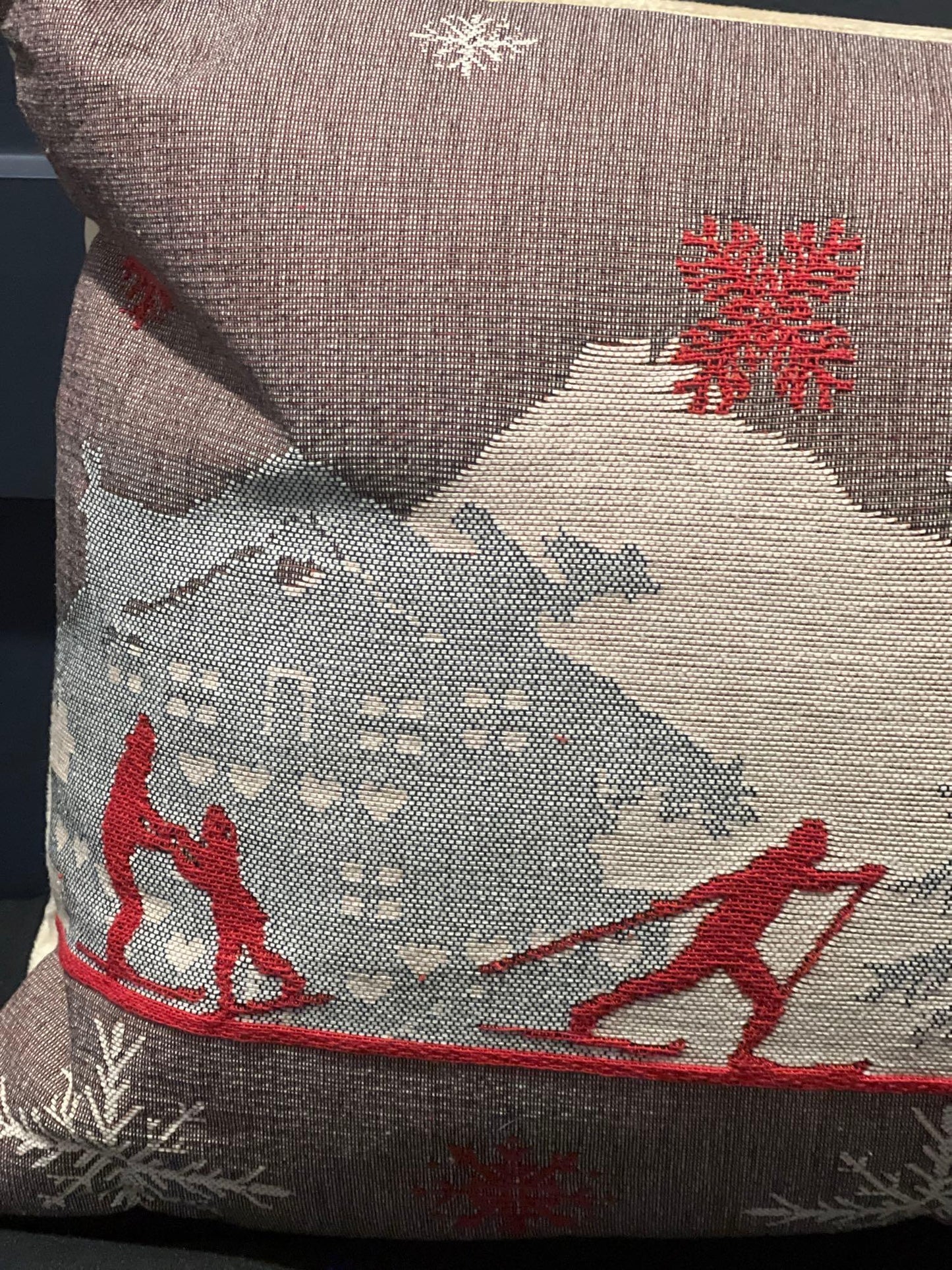 Luxury French Tapestry Lumbar Pillow by Rolande Du Dreuilh French Designer - Nude Color Skiing Motif, Christmas Decor Pillow