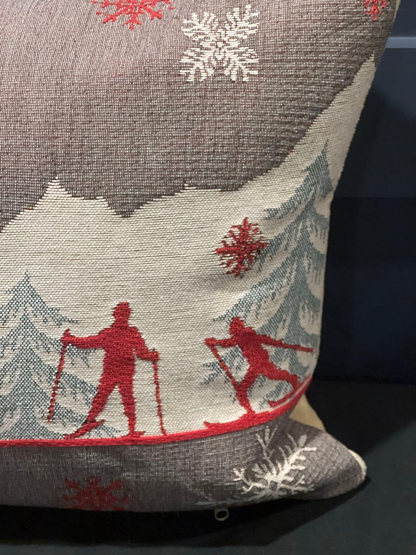 Luxury French Tapestry Lumbar Pillow by Rolande Du Dreuilh French Designer - Nude Color Skiing Motif, Christmas Decor Pillow