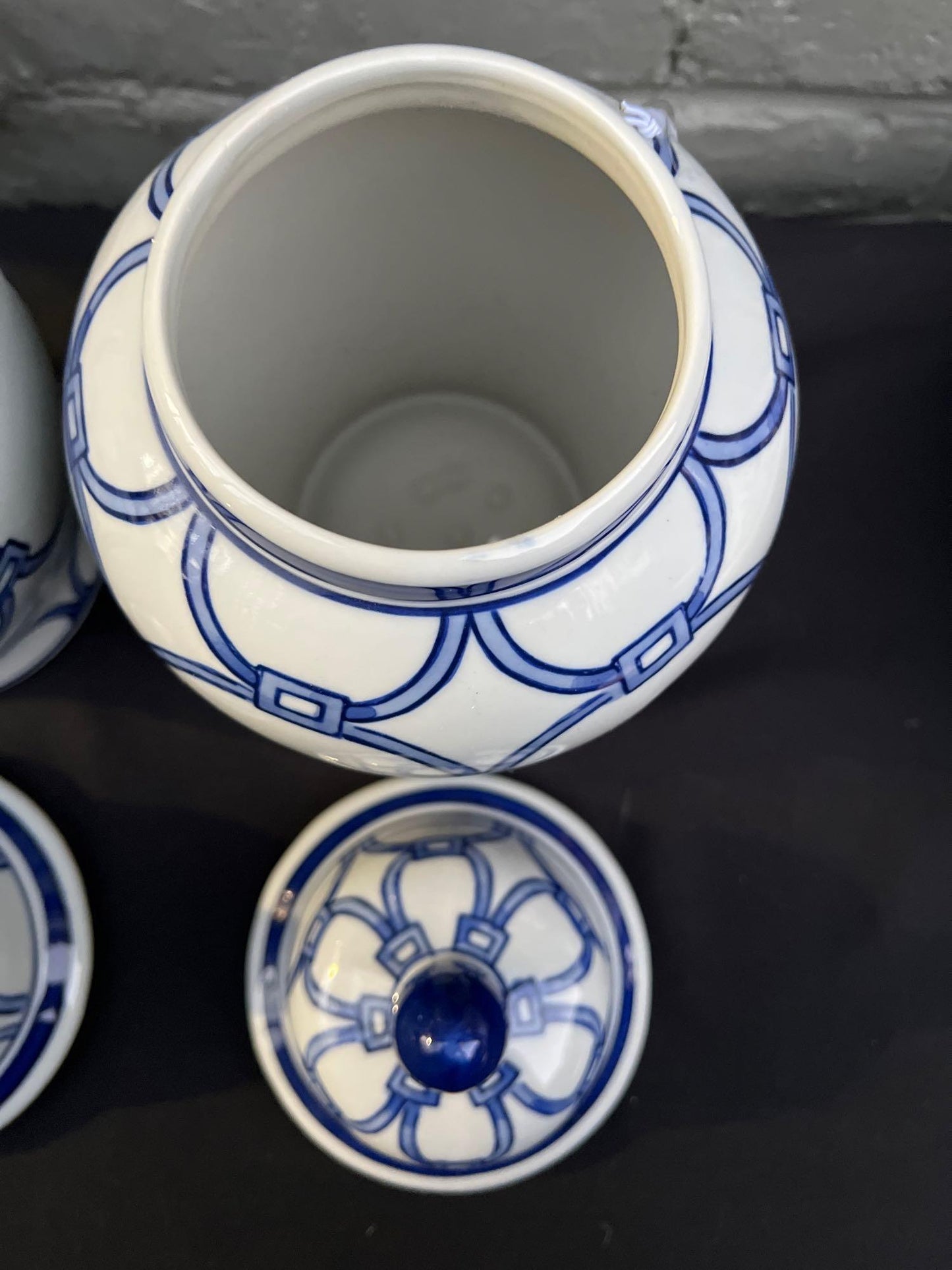 Pair of Hand-Painted Blue Loops Petite Ginger Jar Lidded