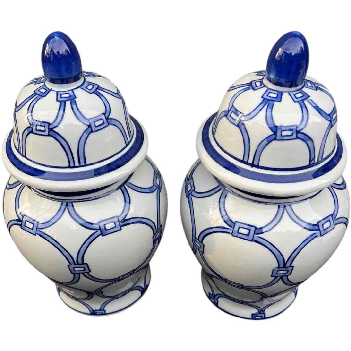 Pair of Hand-Painted Blue Loops Petite Ginger Jar Lidded