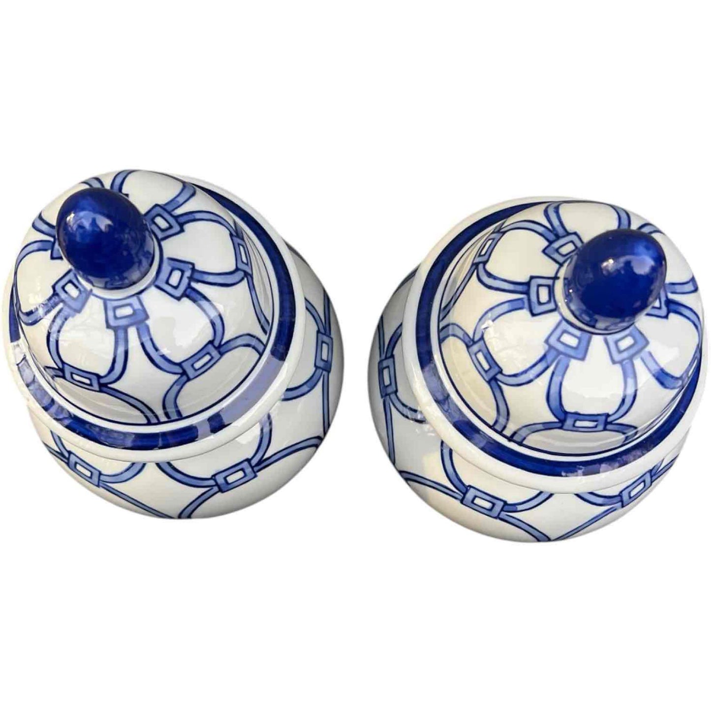 Pair of Hand-Painted Blue Loops Petite Ginger Jar Lidded