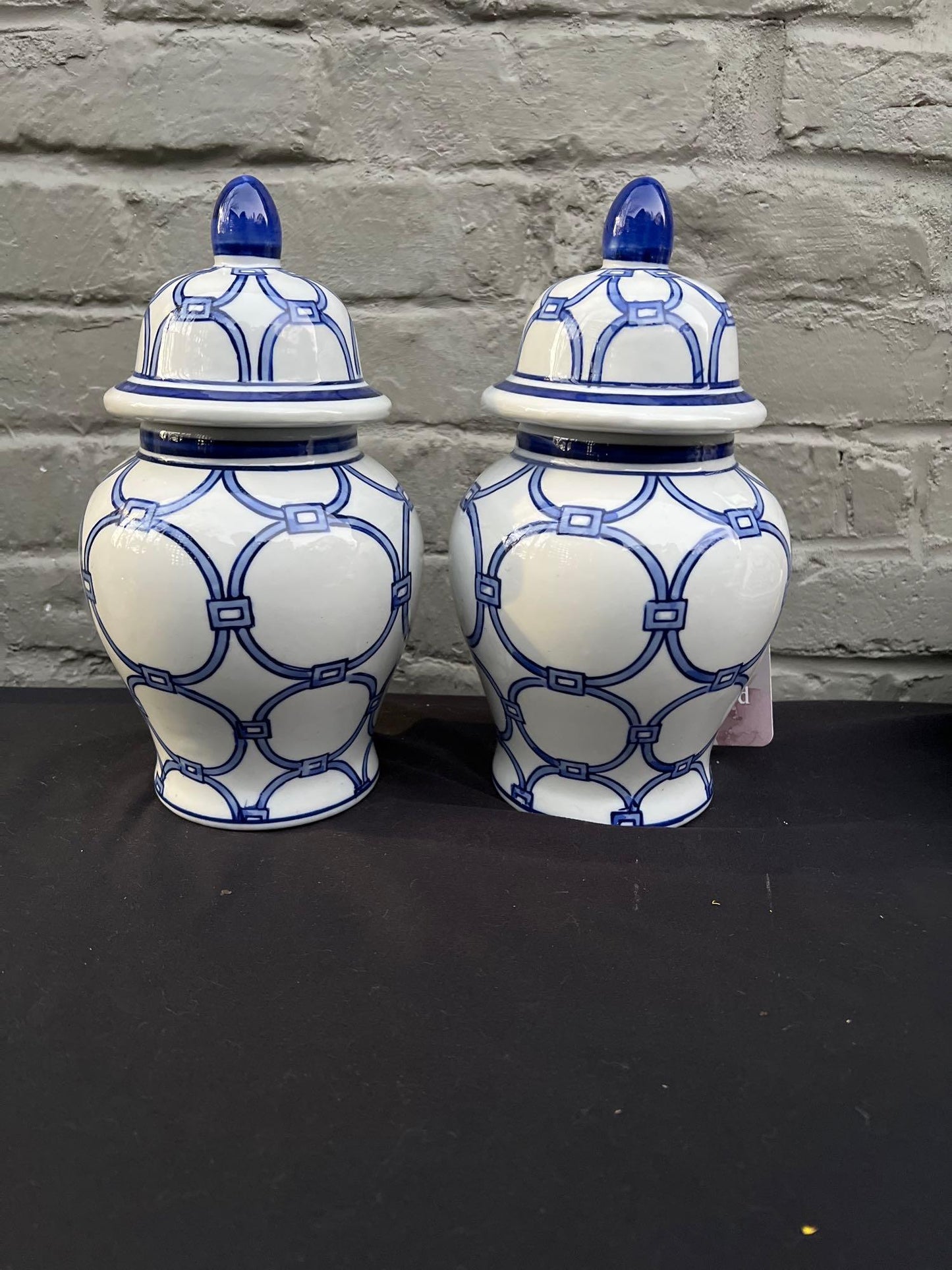 Pair of Hand-Painted Blue Loops Petite Ginger Jar Lidded