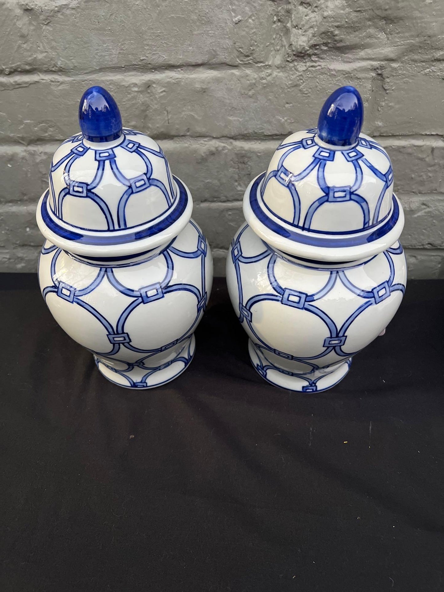 Pair of Hand-Painted Blue Loops Petite Ginger Jar Lidded