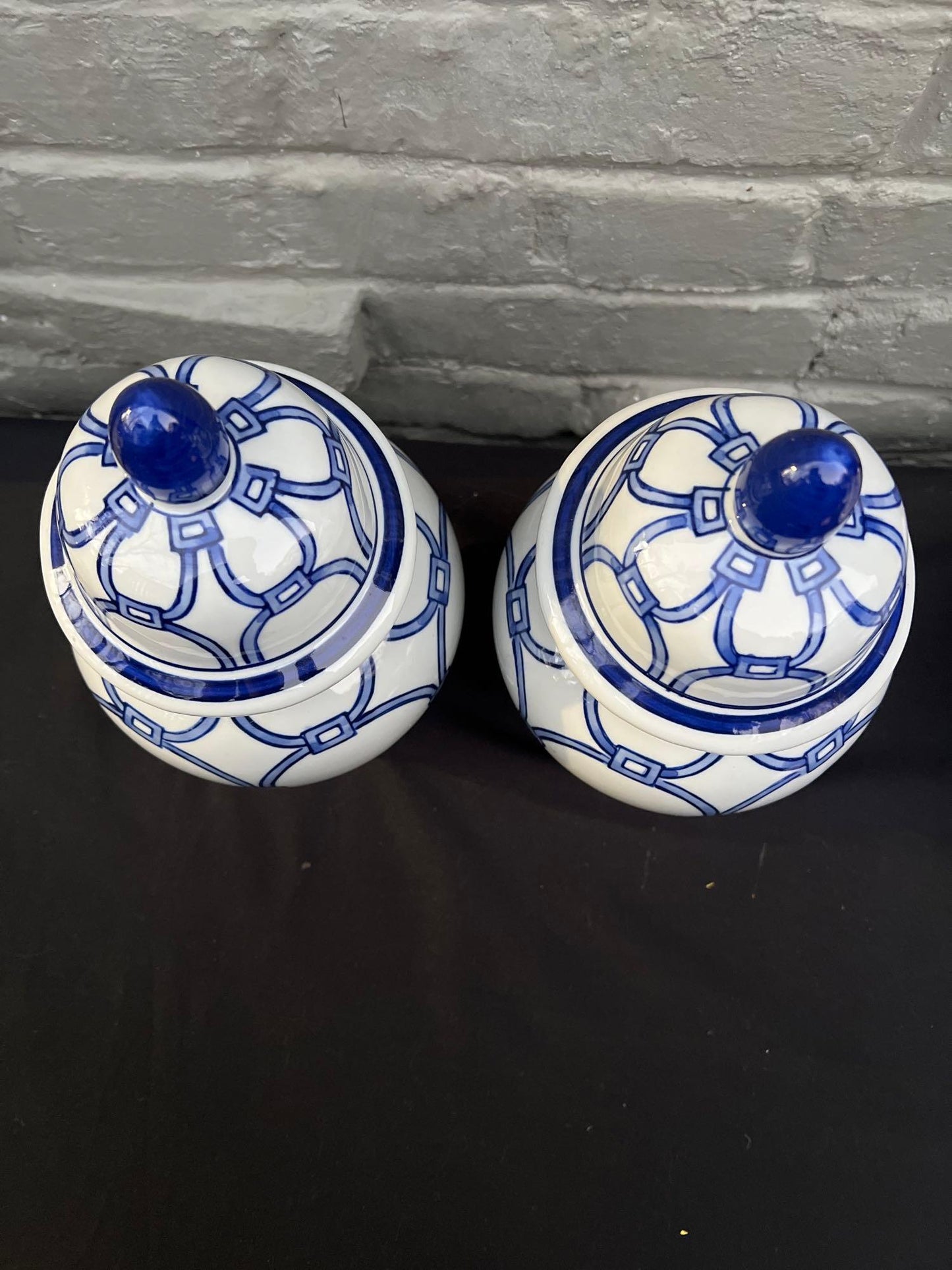 Pair of Hand-Painted Blue Loops Petite Ginger Jar Lidded