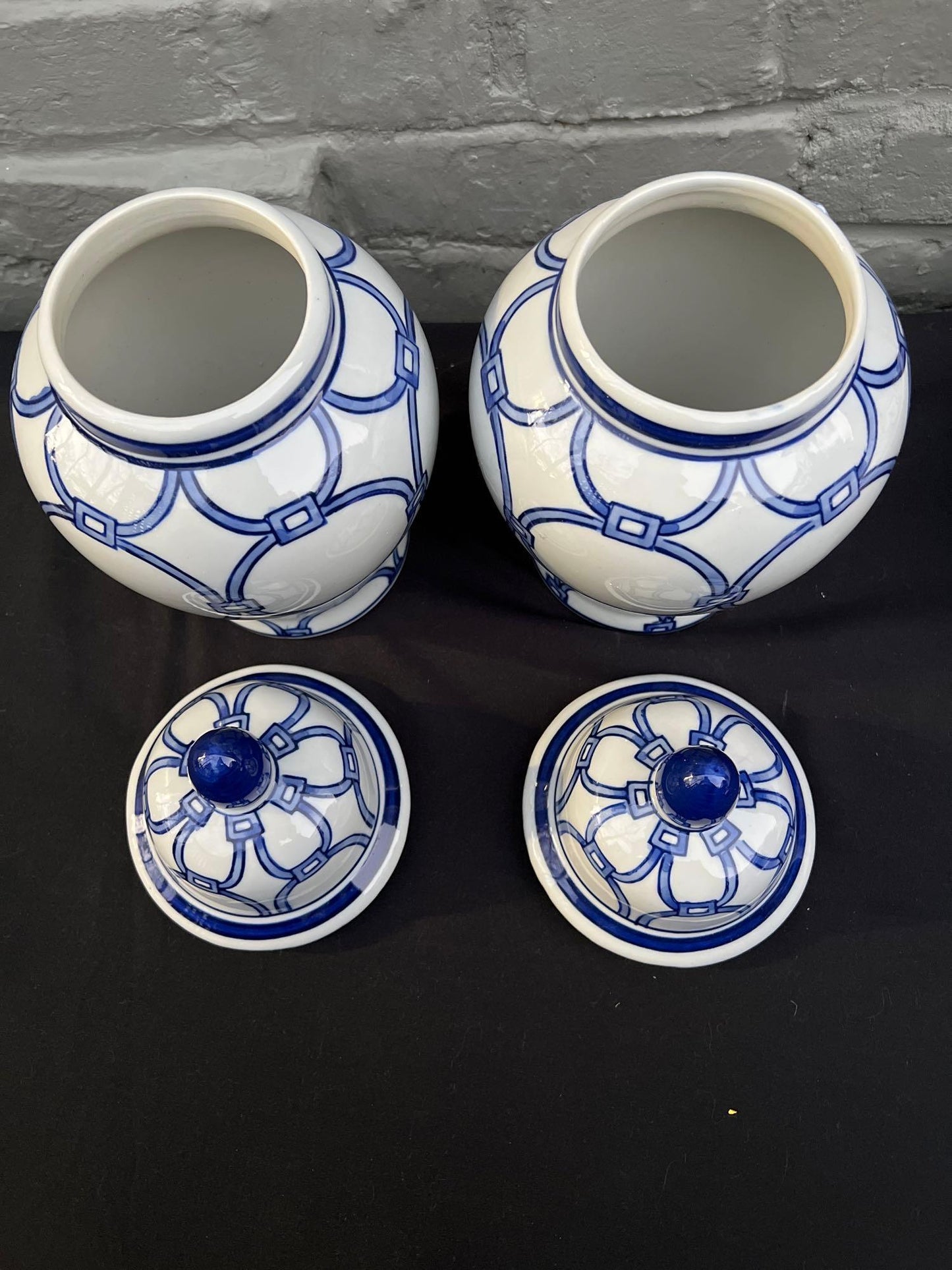 Pair of Hand-Painted Blue Loops Petite Ginger Jar Lidded