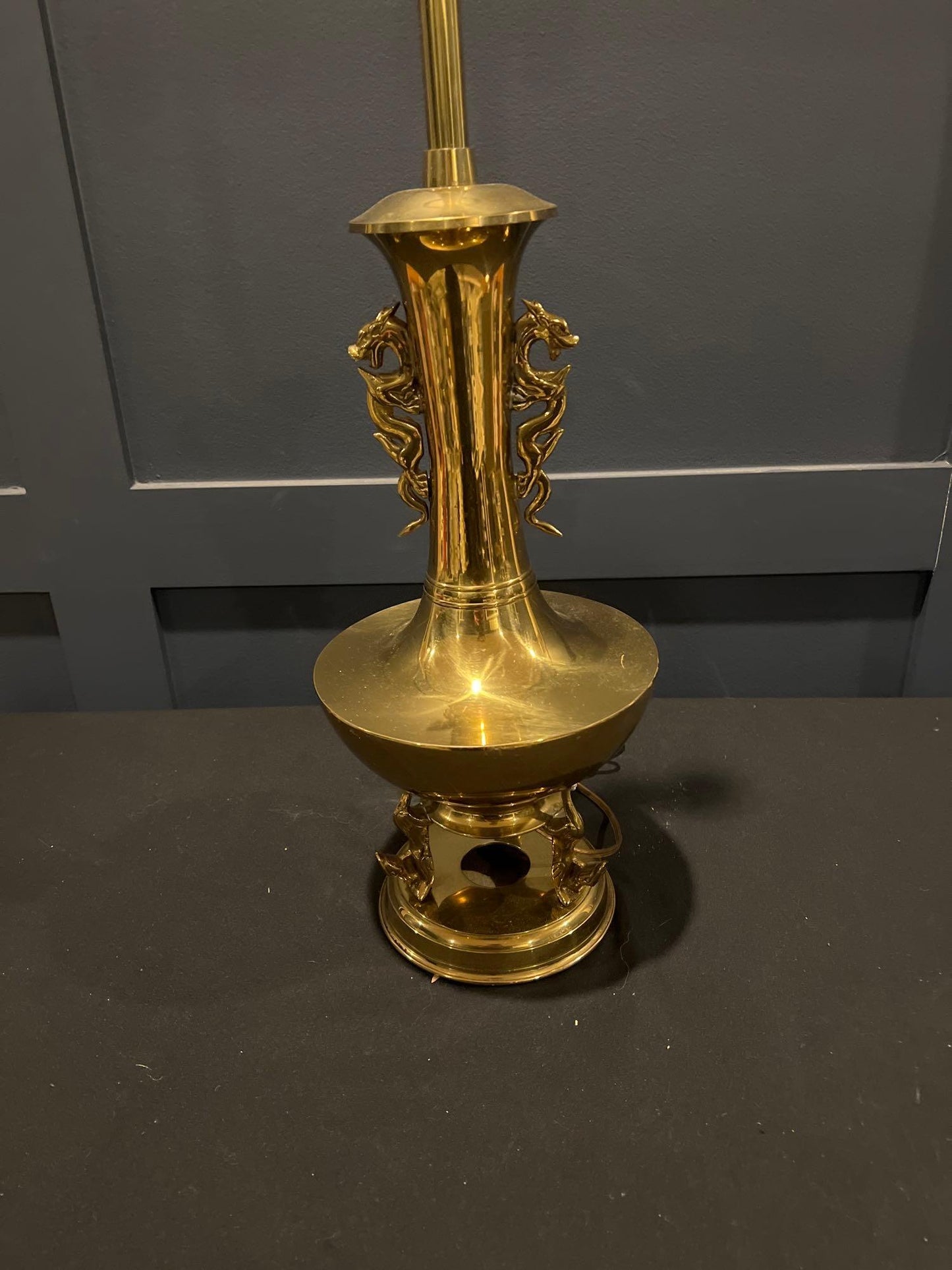 Brass Double Dragon Handle Brass Table Lamp, Vintage