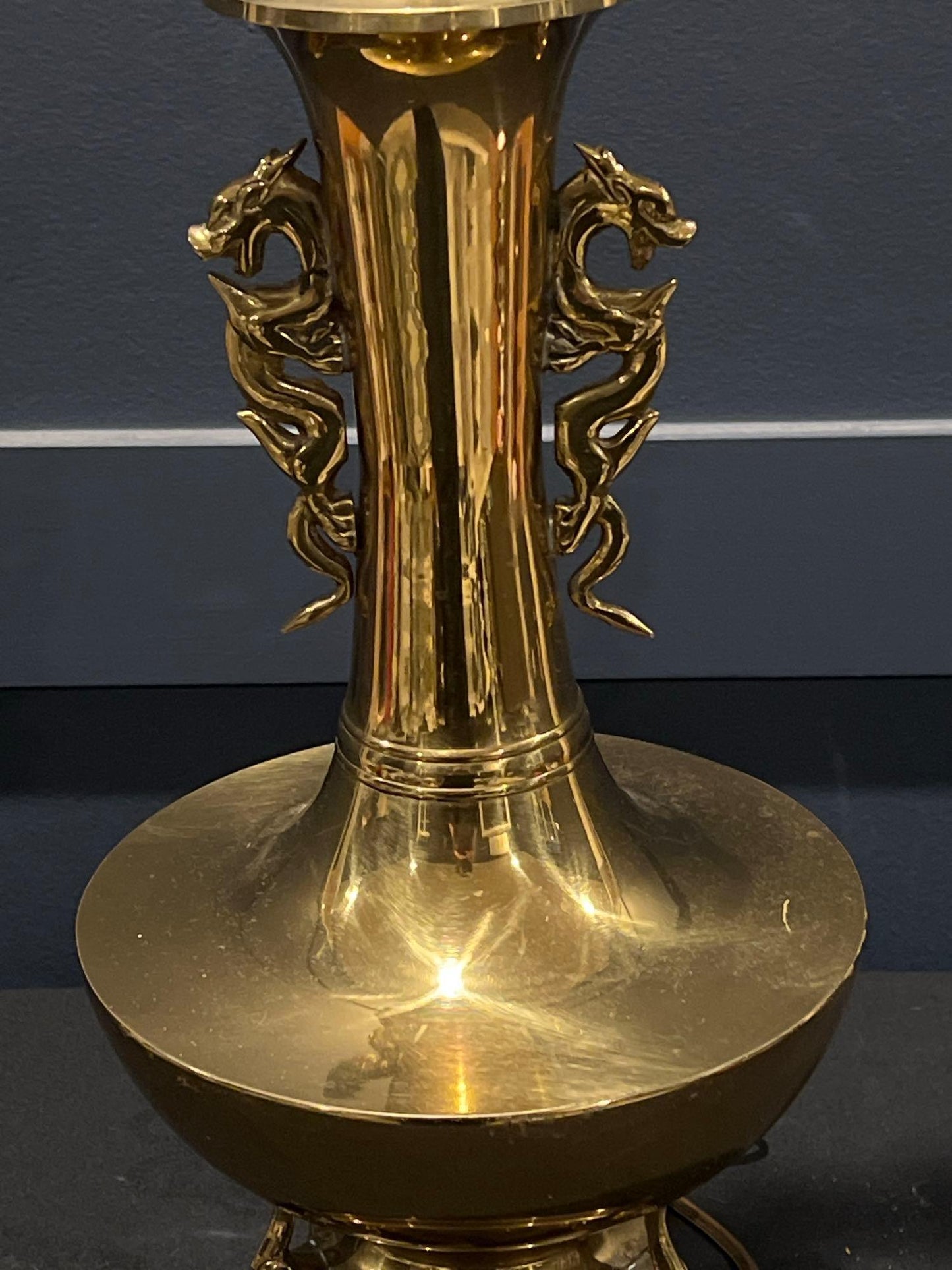 Brass Double Dragon Handle Brass Table Lamp, Vintage