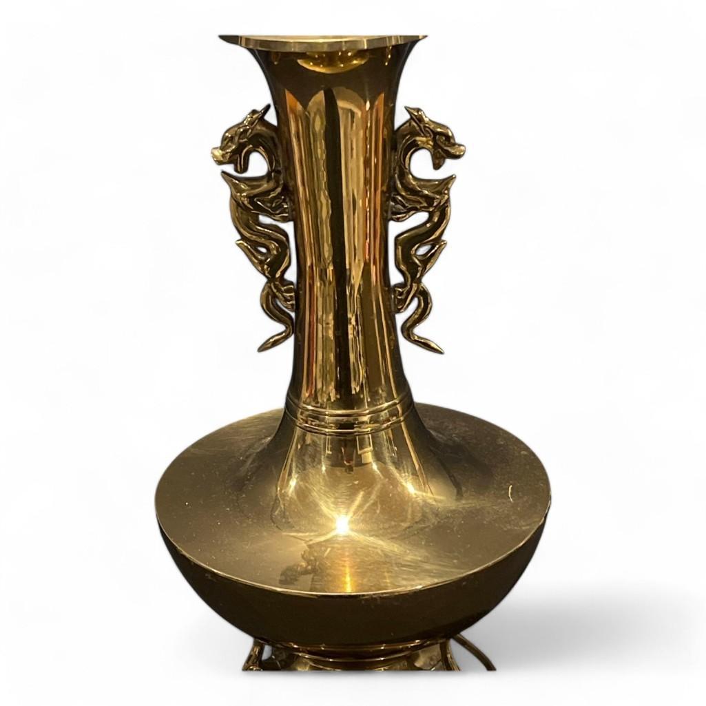 Brass Double Dragon Handle Brass Table Lamp, Vintage