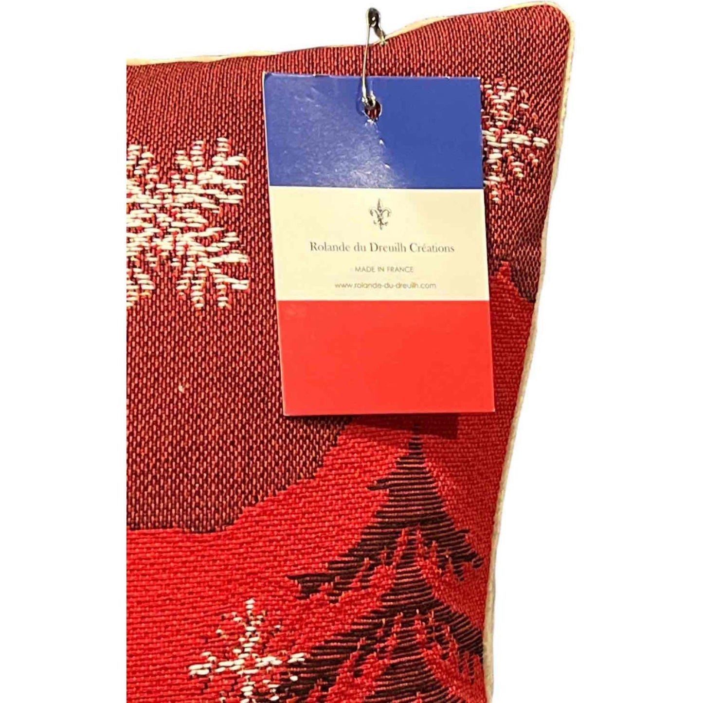 Luxury French Tapestry Lumbar Pillow by Rolande Du Dreuilh French Designer - Red Color Skiing Motif, Christmas Decorative Pillow