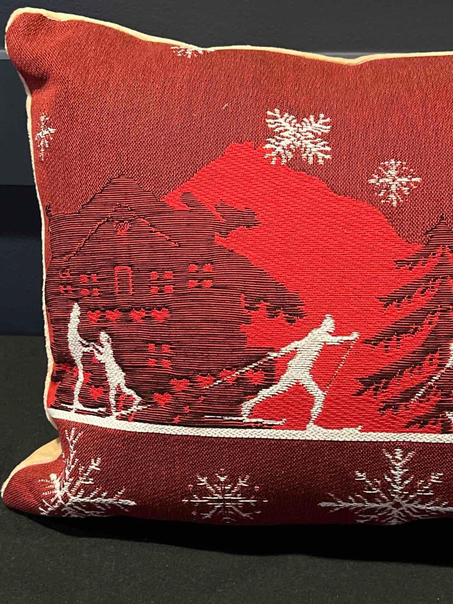 Luxury French Tapestry Lumbar Pillow by Rolande Du Dreuilh French Designer - Red Color Skiing Motif, Christmas Decorative Pillow