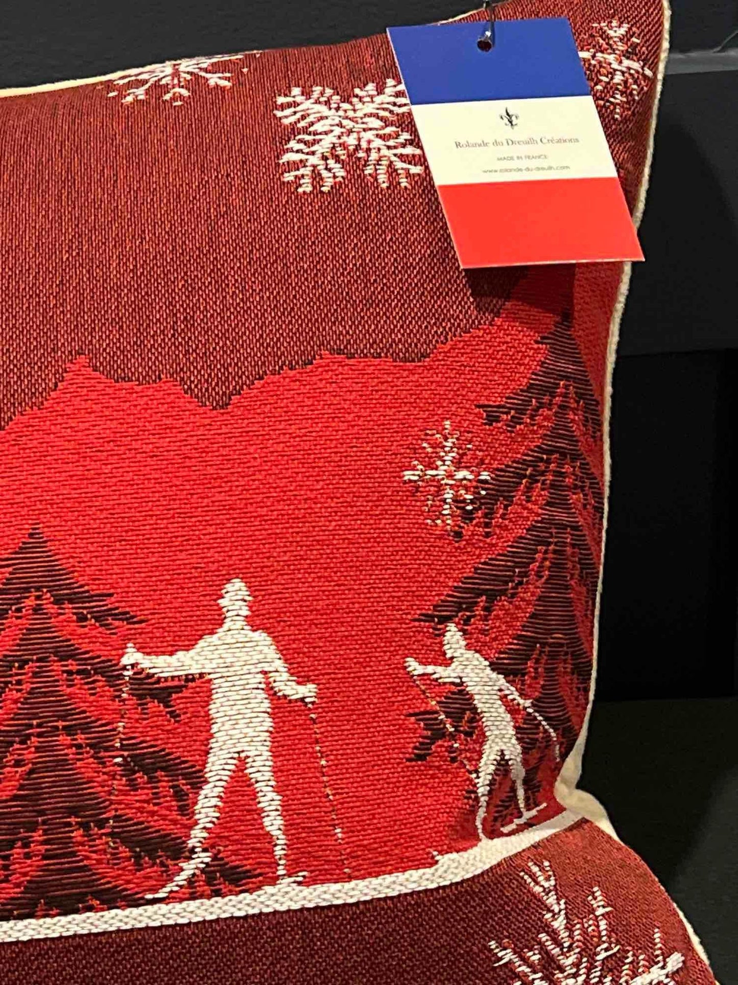 Luxury French Tapestry Lumbar Pillow by Rolande Du Dreuilh French Designer - Red Color Skiing Motif, Christmas Decorative Pillow