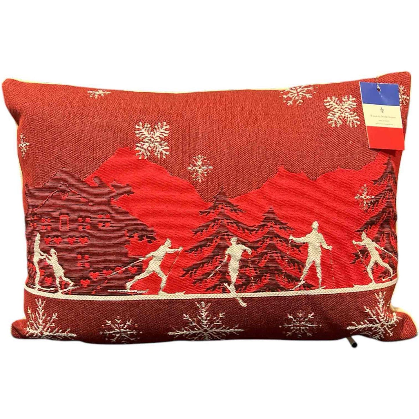 Luxury French Tapestry Lumbar Pillow by Rolande Du Dreuilh French Designer - Red Color Skiing Motif, Christmas Decorative Pillow
