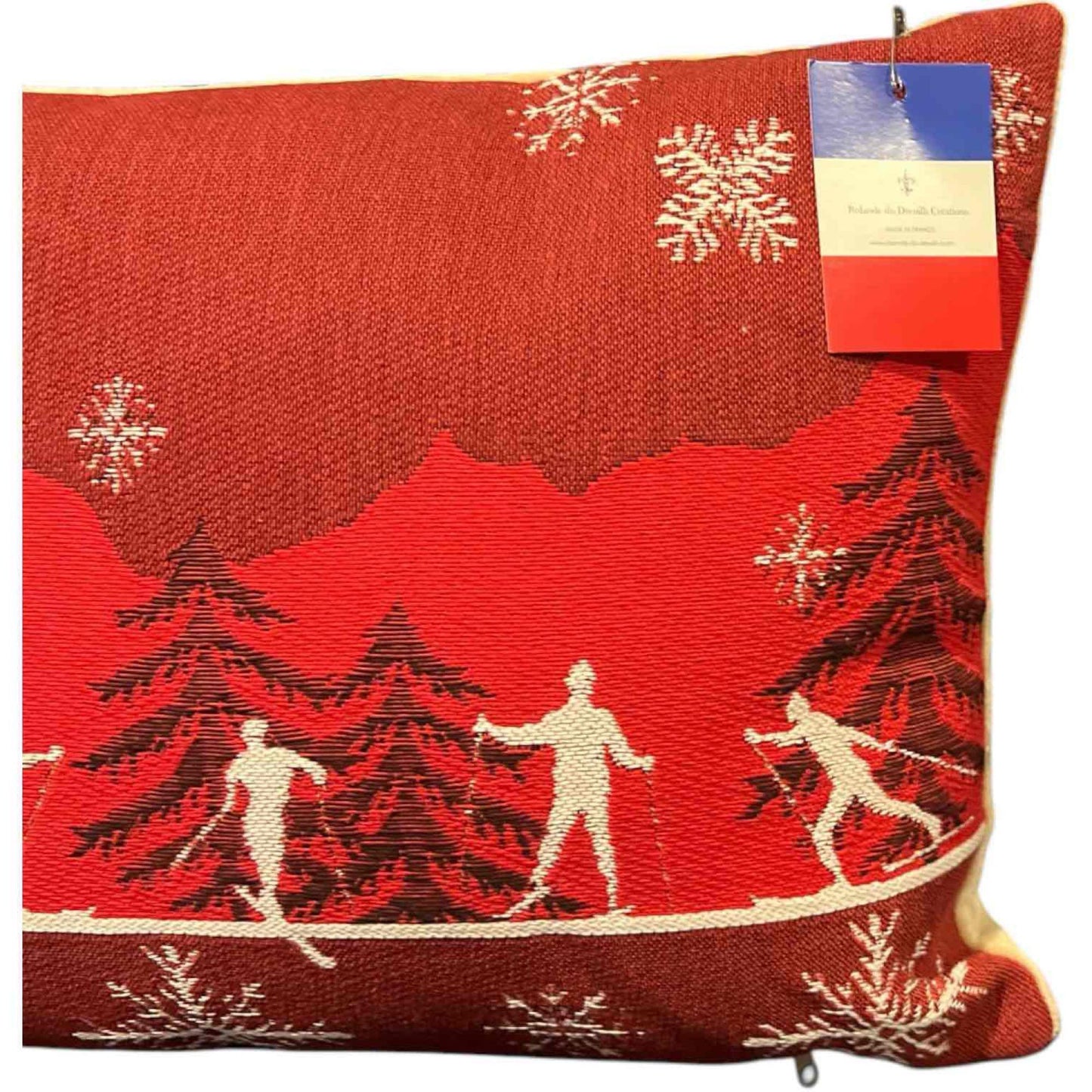 Luxury French Tapestry Lumbar Pillow by Rolande Du Dreuilh French Designer - Red Color Skiing Motif, Christmas Decorative Pillow