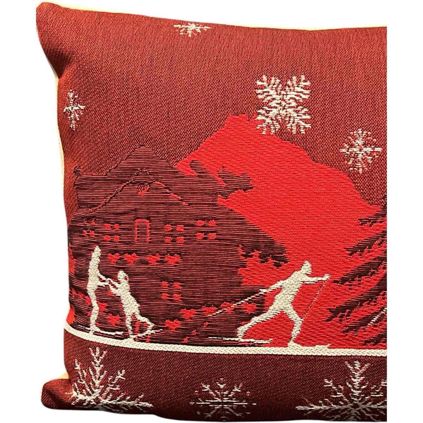 Luxury French Tapestry Lumbar Pillow by Rolande Du Dreuilh French Designer - Red Color Skiing Motif, Christmas Decorative Pillow