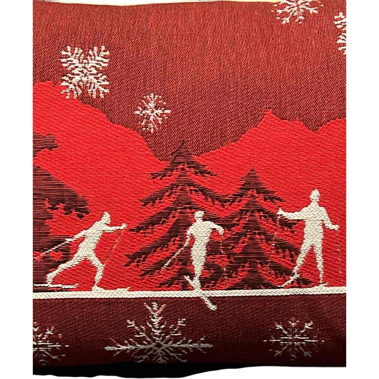 Luxury French Tapestry Lumbar Pillow by Rolande Du Dreuilh French Designer - Red Color Skiing Motif, Christmas Decorative Pillow