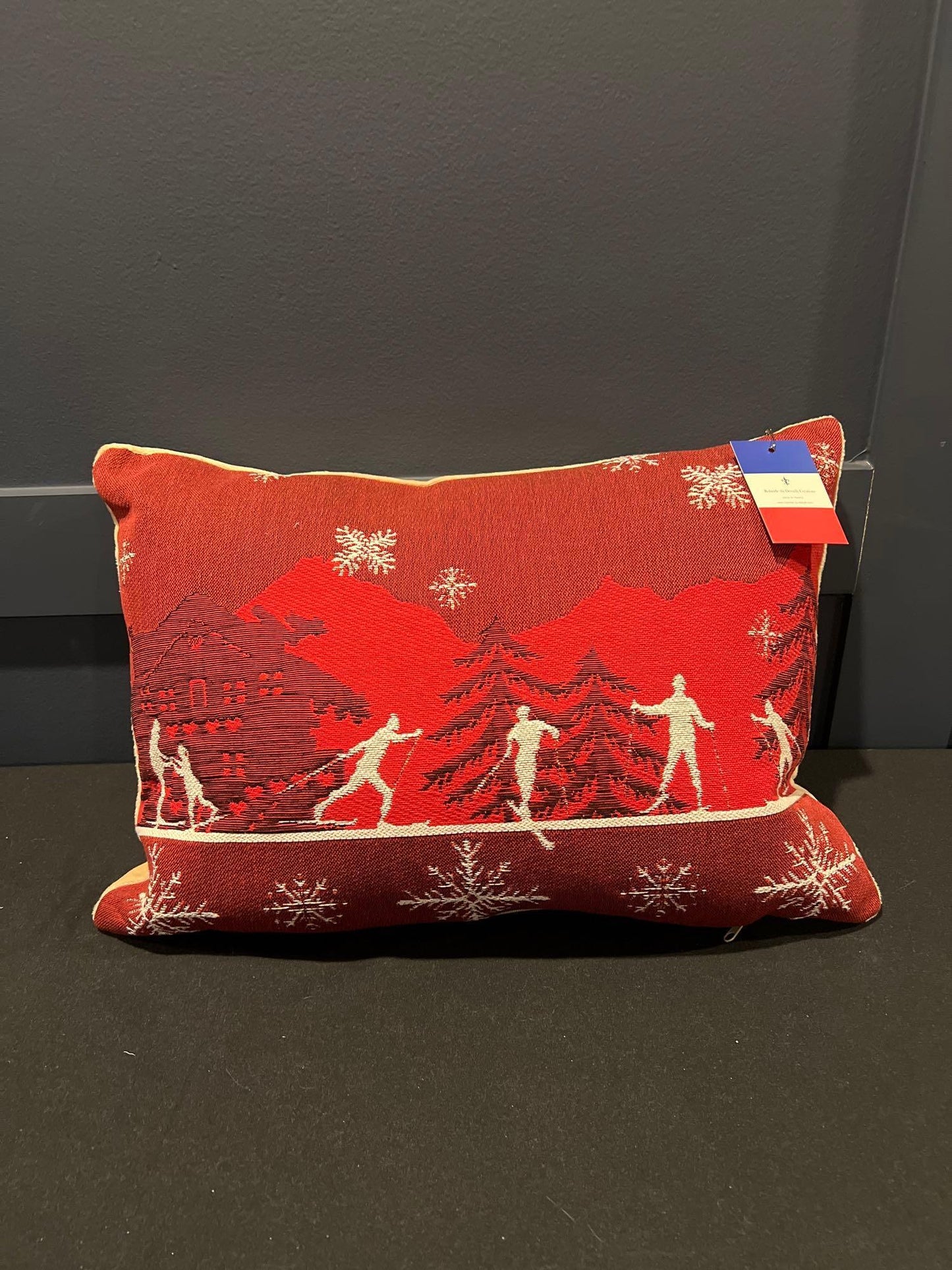 Luxury French Tapestry Lumbar Pillow by Rolande Du Dreuilh French Designer - Red Color Skiing Motif, Christmas Decorative Pillow