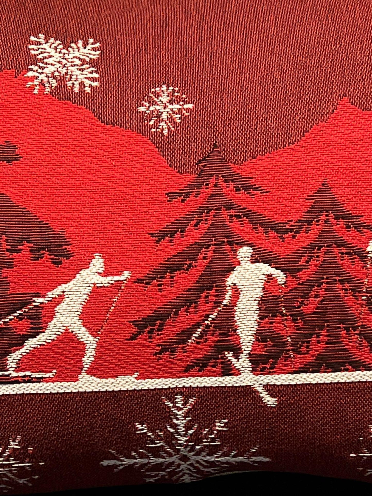 Luxury French Tapestry Lumbar Pillow by Rolande Du Dreuilh French Designer - Red Color Skiing Motif, Christmas Decorative Pillow