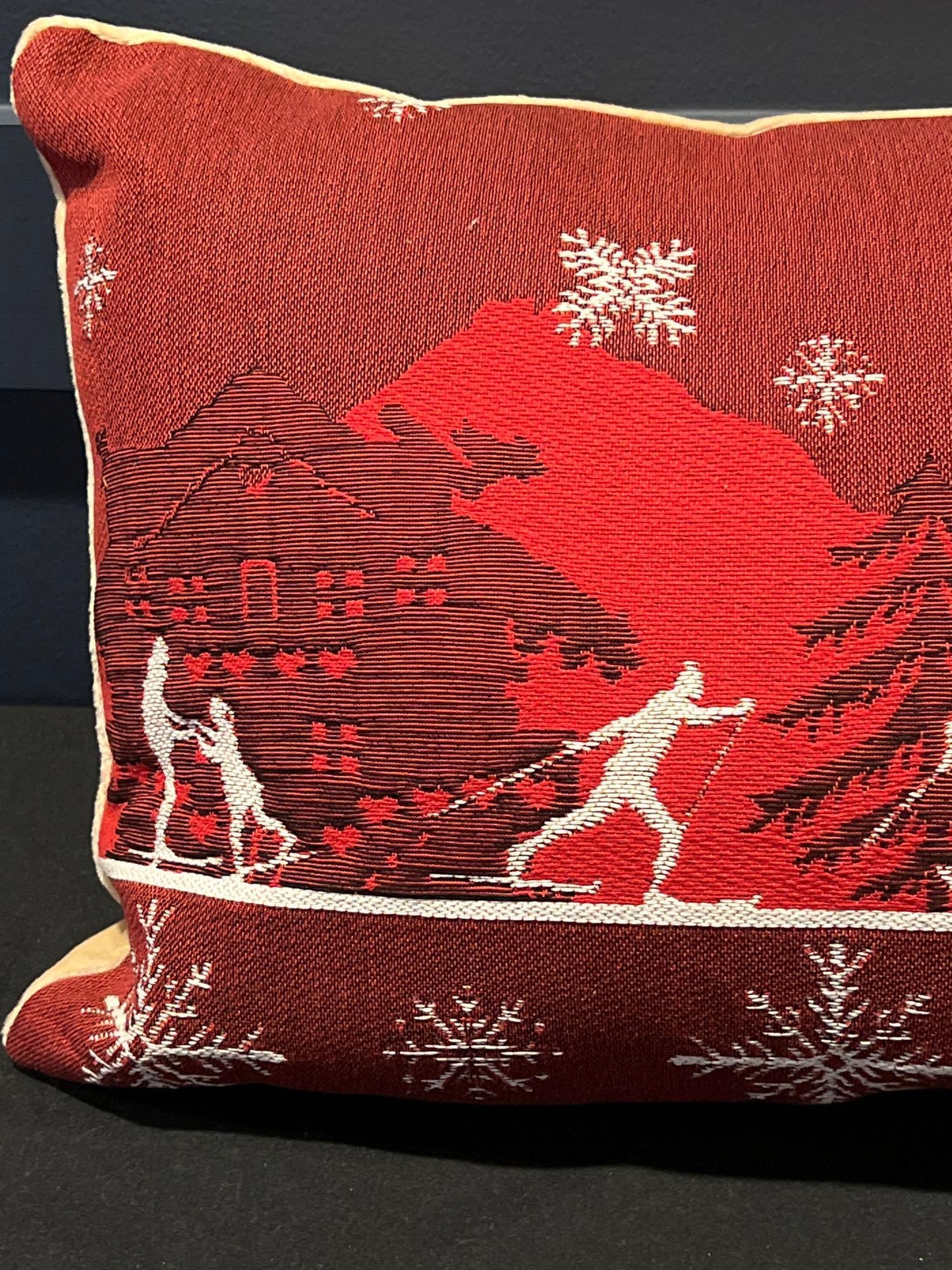Luxury French Tapestry Lumbar Pillow by Rolande Du Dreuilh French Designer - Red Color Skiing Motif, Christmas Decorative Pillow