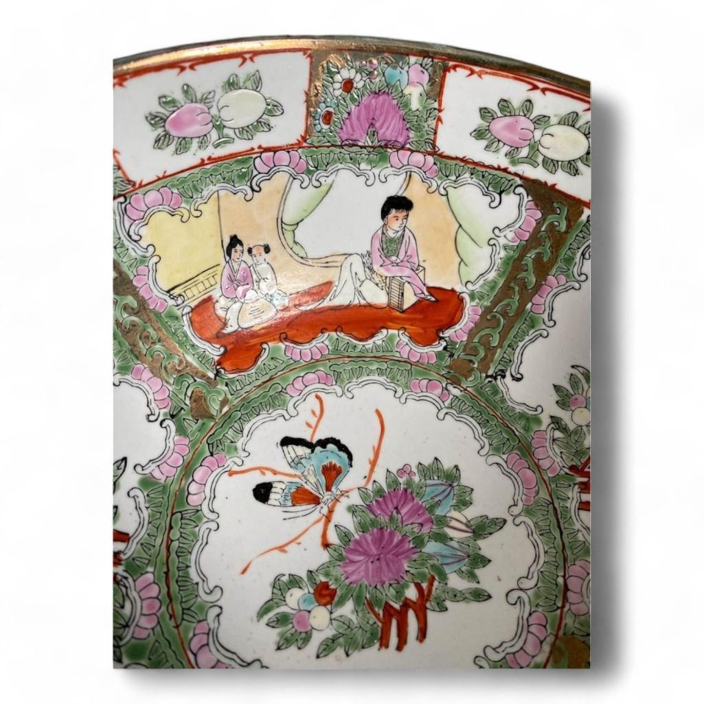 Famille Rose Medallion Chinese Decorative Punch Bowl on Wood Stand