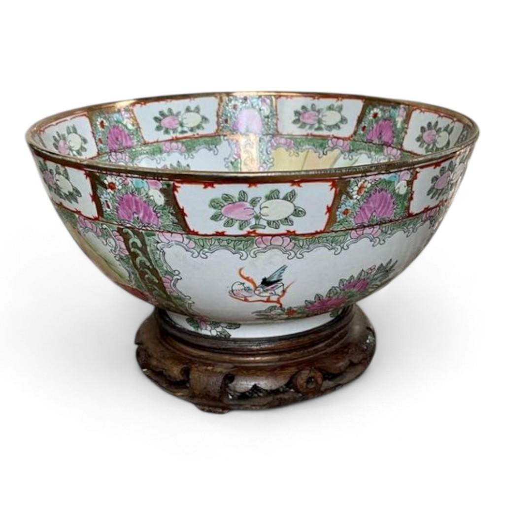 Famille Rose Medallion Chinese Decorative Punch Bowl on Wood Stand