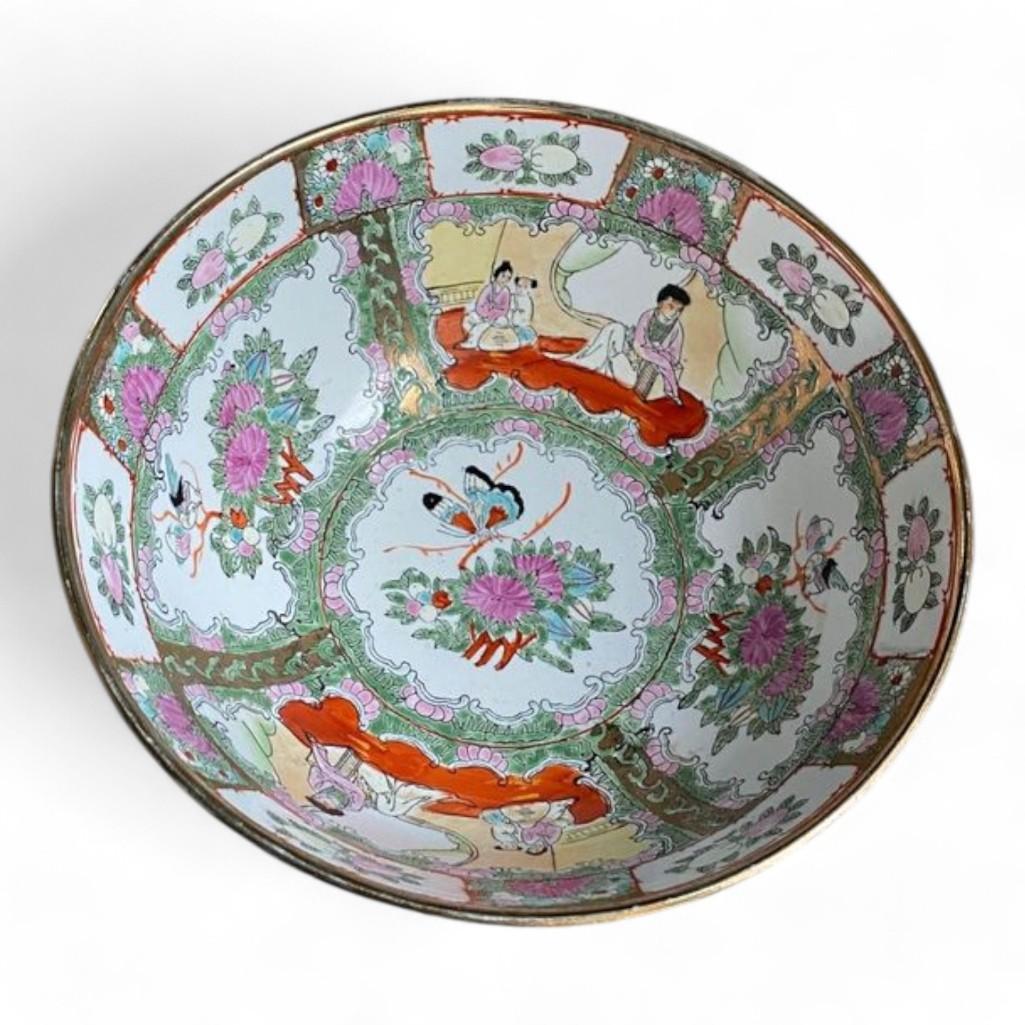 Famille Rose Medallion Chinese Decorative Punch Bowl on Wood Stand