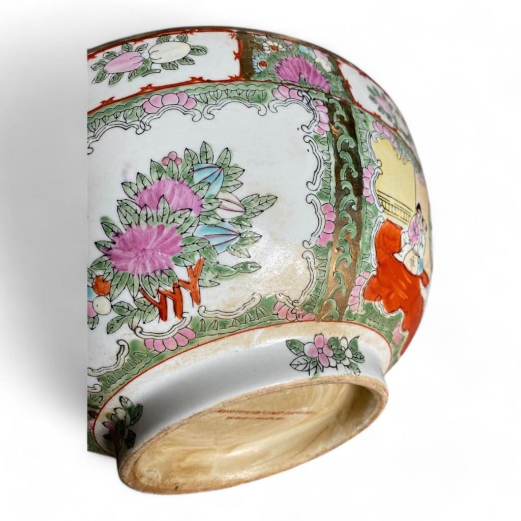 Famille Rose Medallion Chinese Decorative Punch Bowl on Wood Stand