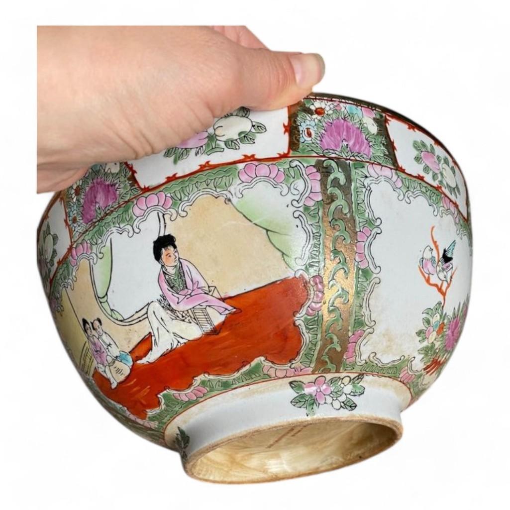Famille Rose Medallion Chinese Decorative Punch Bowl on Wood Stand