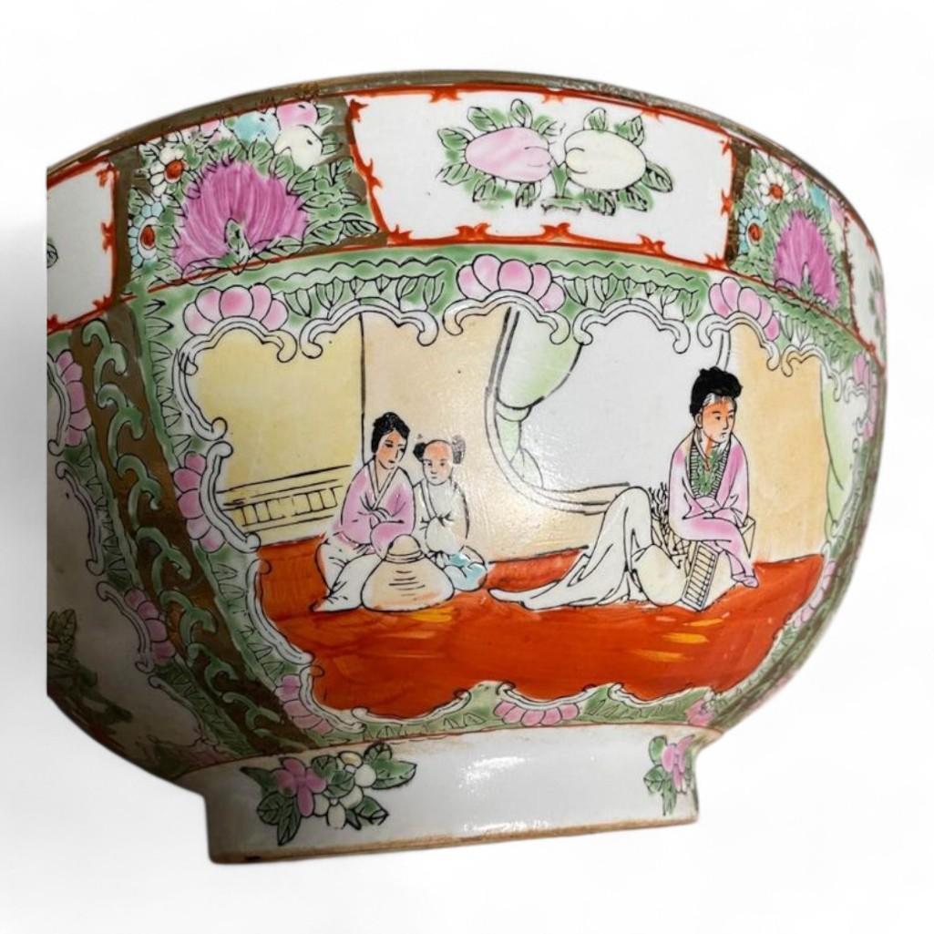 Famille Rose Medallion Chinese Decorative Punch Bowl on Wood Stand