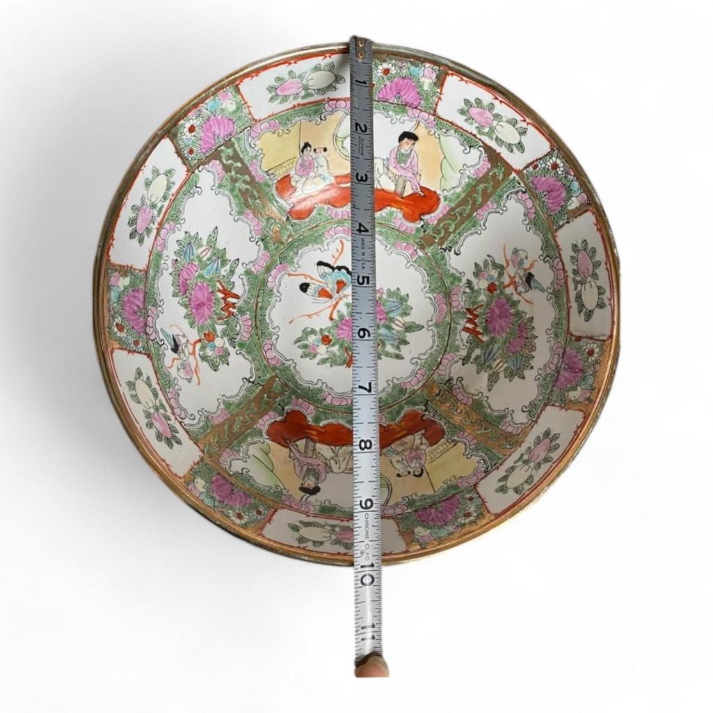 Famille Rose Medallion Chinese Decorative Punch Bowl on Wood Stand