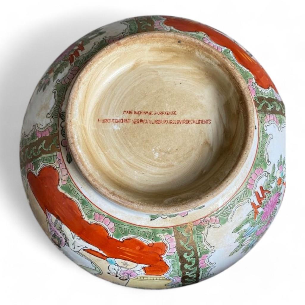 Famille Rose Medallion Chinese Decorative Punch Bowl on Wood Stand