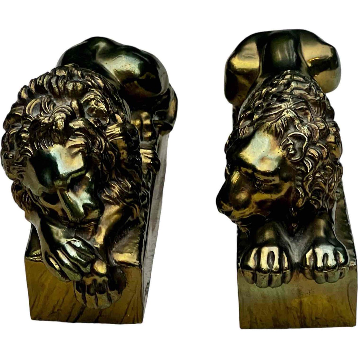 1950s Vintage Antonio Canova (1757-1822) Sleeping Lion Pair Of Cast Brass Lion Bookends