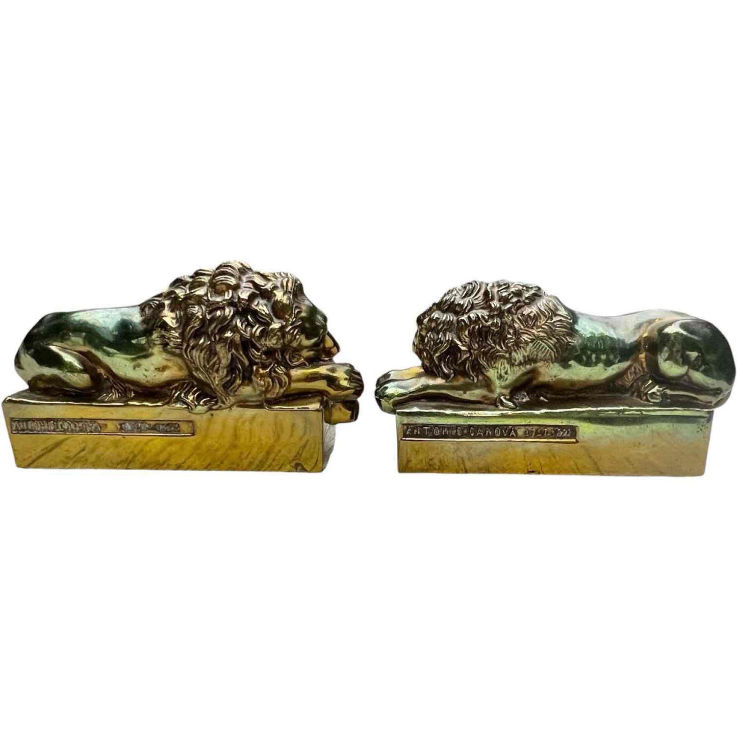 1950s Vintage Antonio Canova (1757-1822) Sleeping Lion Pair Of Cast Brass Lion Bookends