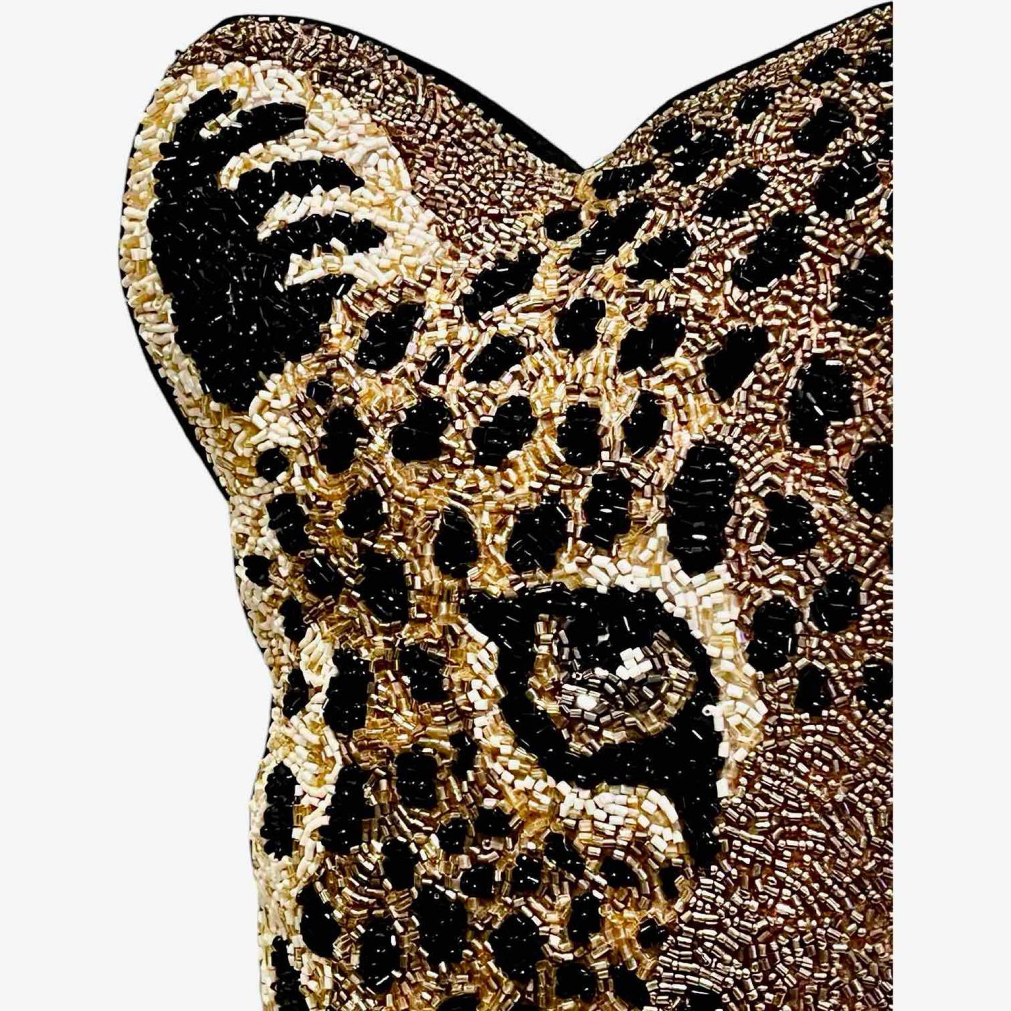 Leopard Face Accent Pillow Metallic Gold, Black Accent Hand Beaded Decorative Pillow