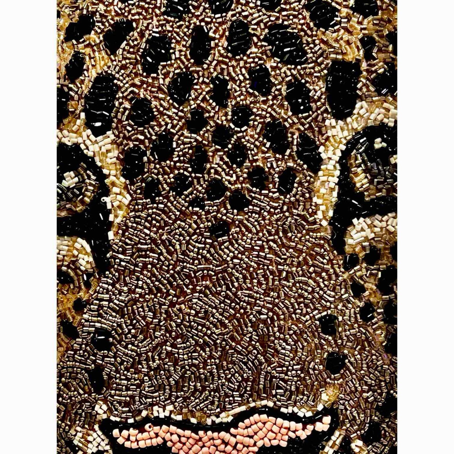 Leopard Face Accent Pillow Metallic Gold, Black Accent Hand Beaded Decorative Pillow
