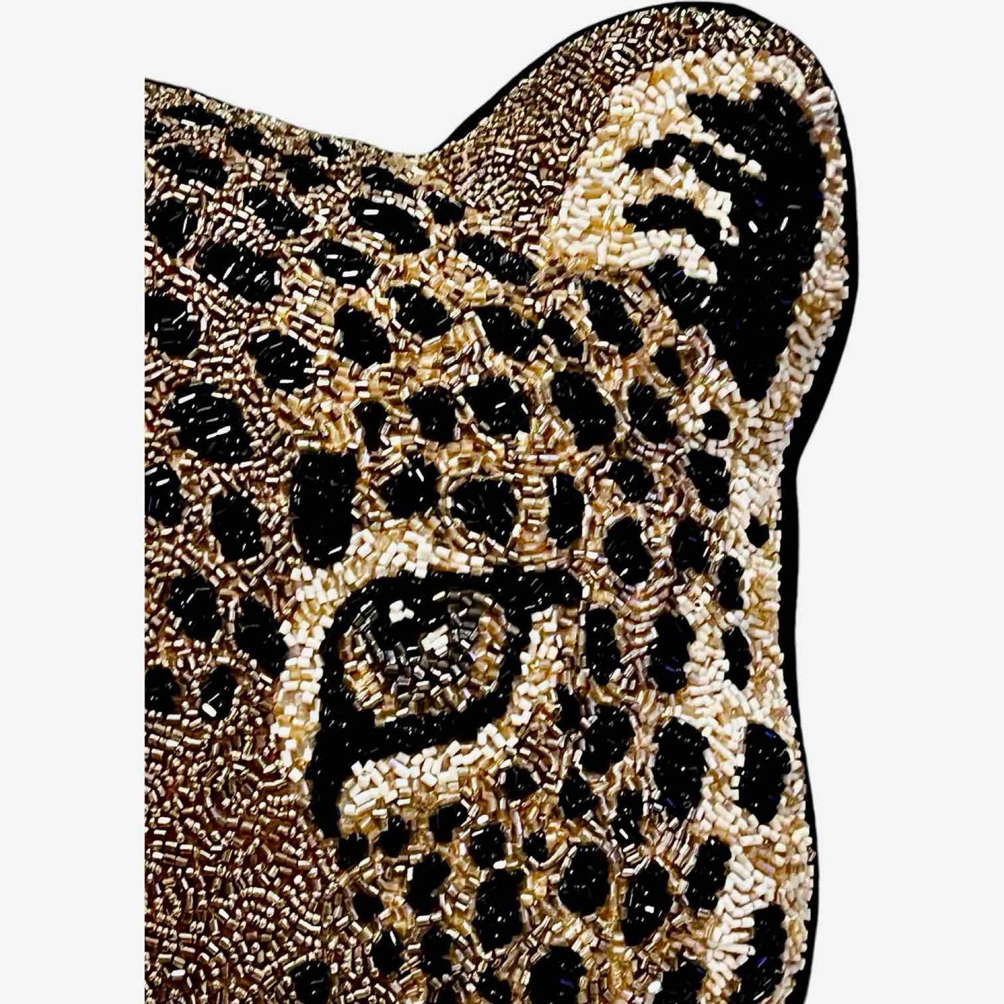 Leopard Face Accent Pillow Metallic Gold, Black Accent Hand Beaded Decorative Pillow
