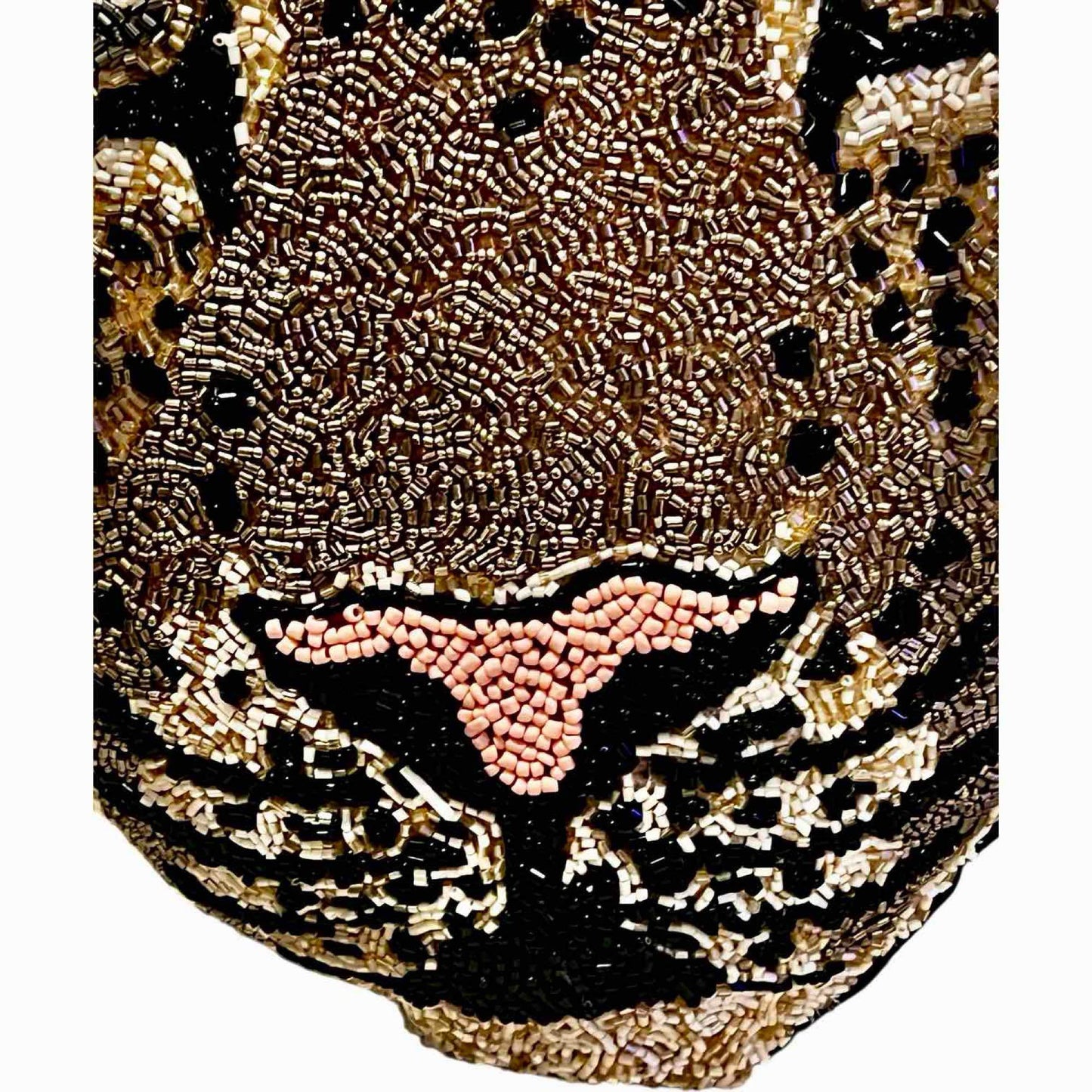 Leopard Face Accent Pillow Metallic Gold, Black Accent Hand Beaded Decorative Pillow