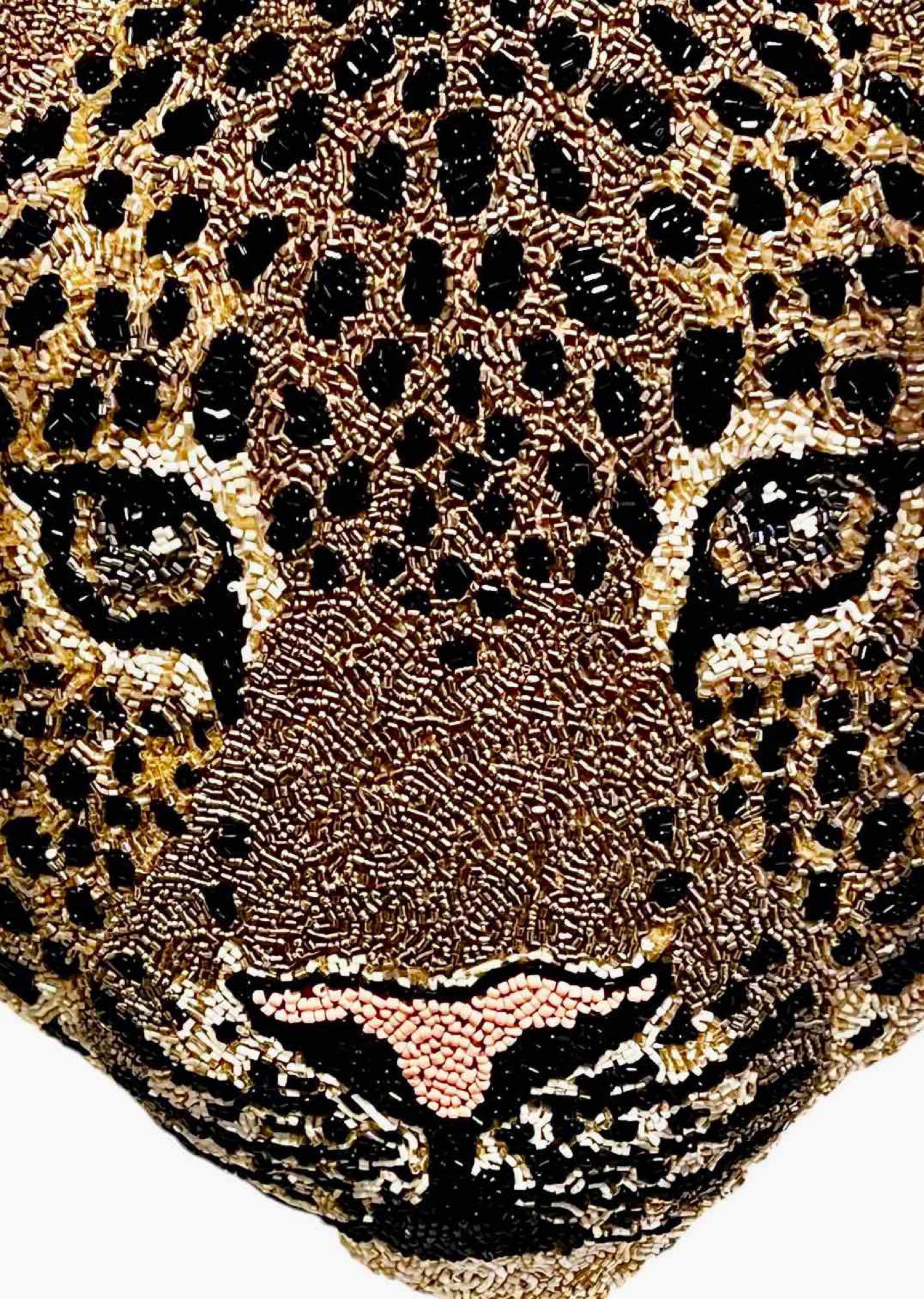 Leopard Face Accent Pillow Metallic Gold, Black Accent Hand Beaded Decorative Pillow